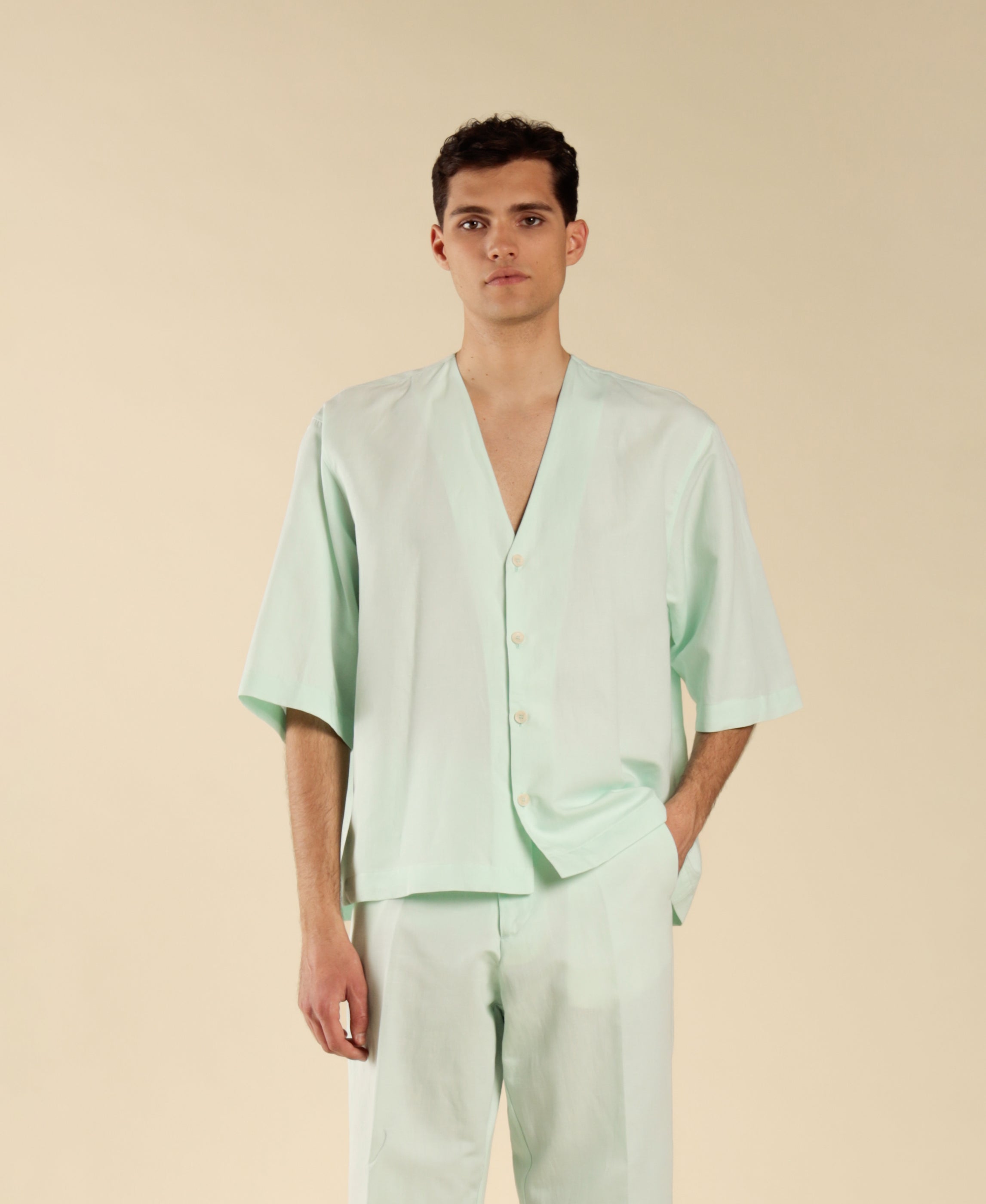 Elbow-sleeve shirt in cotton linen - Green