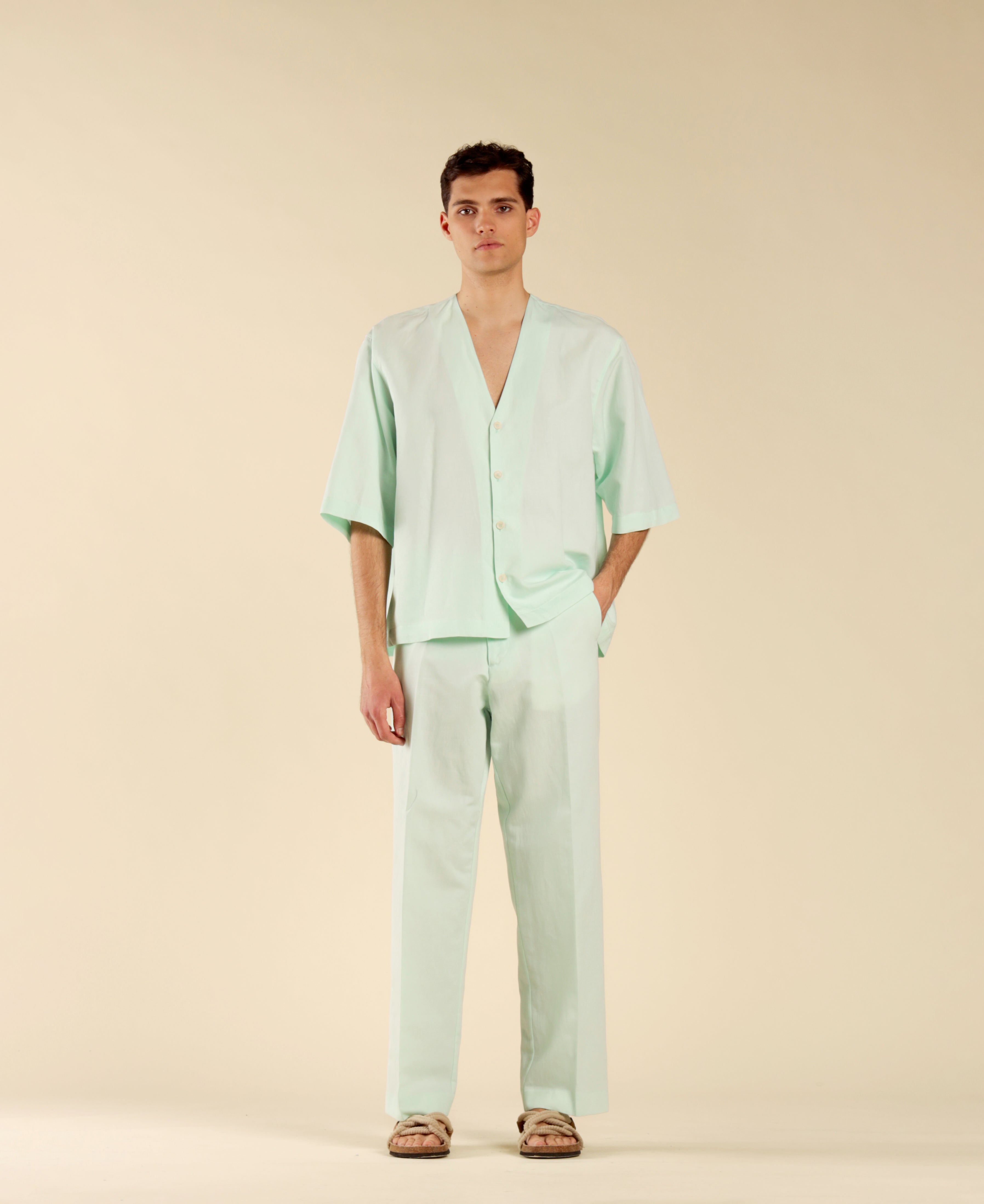Wide-leg trousers in linen and cotton - Green