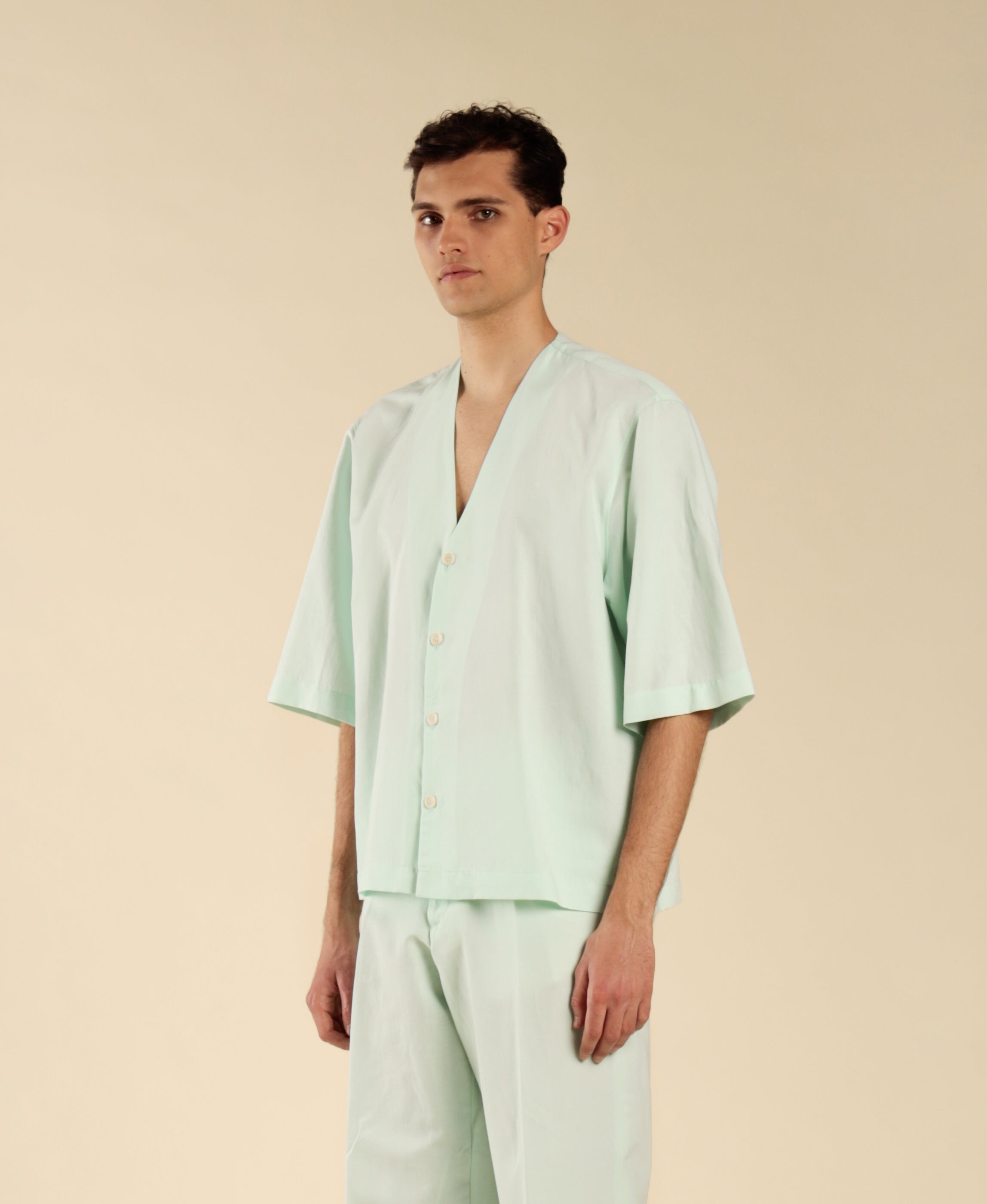 Elbow-sleeve shirt in cotton linen - Green
