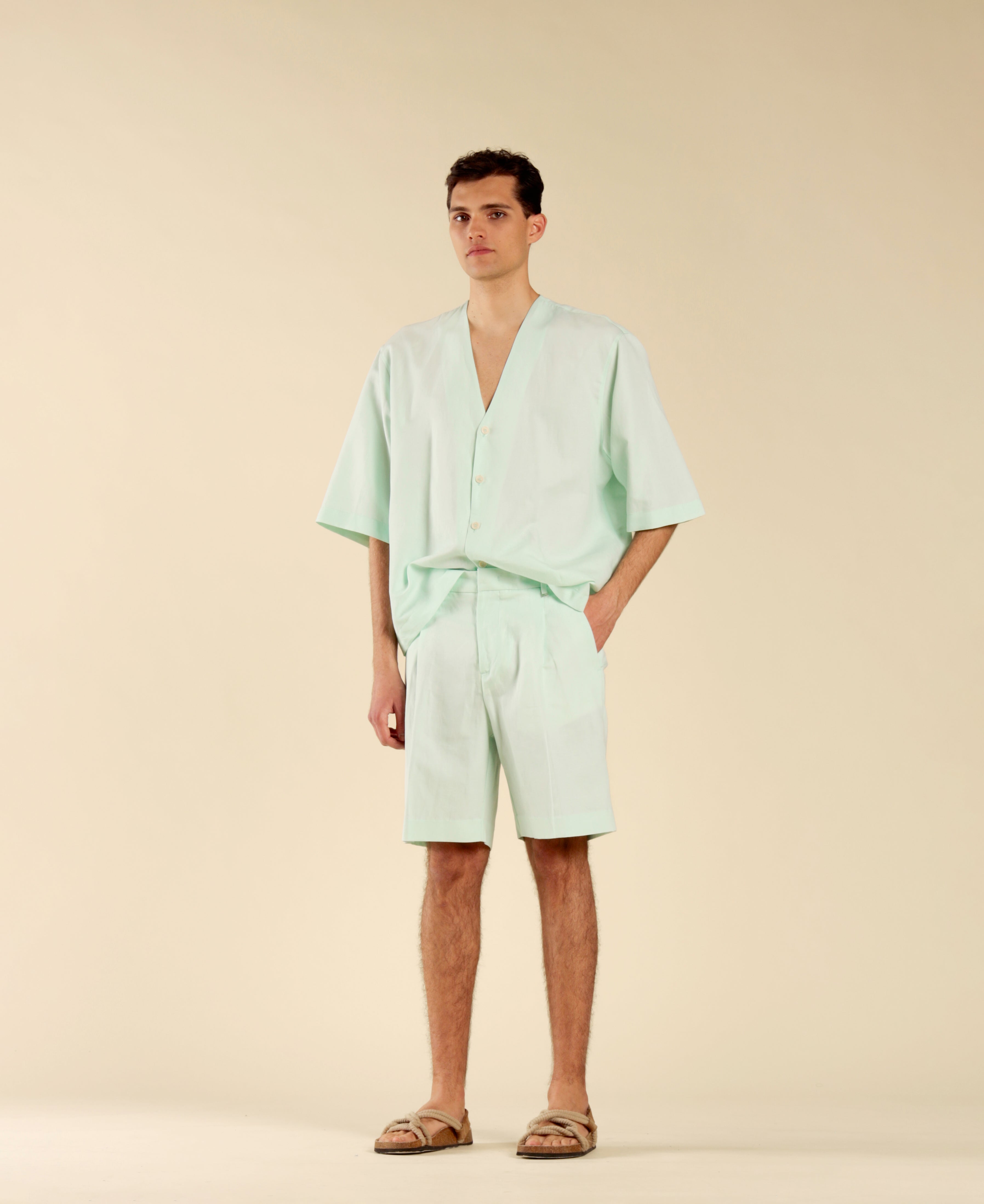 Elbow-sleeve shirt in cotton linen - Green
