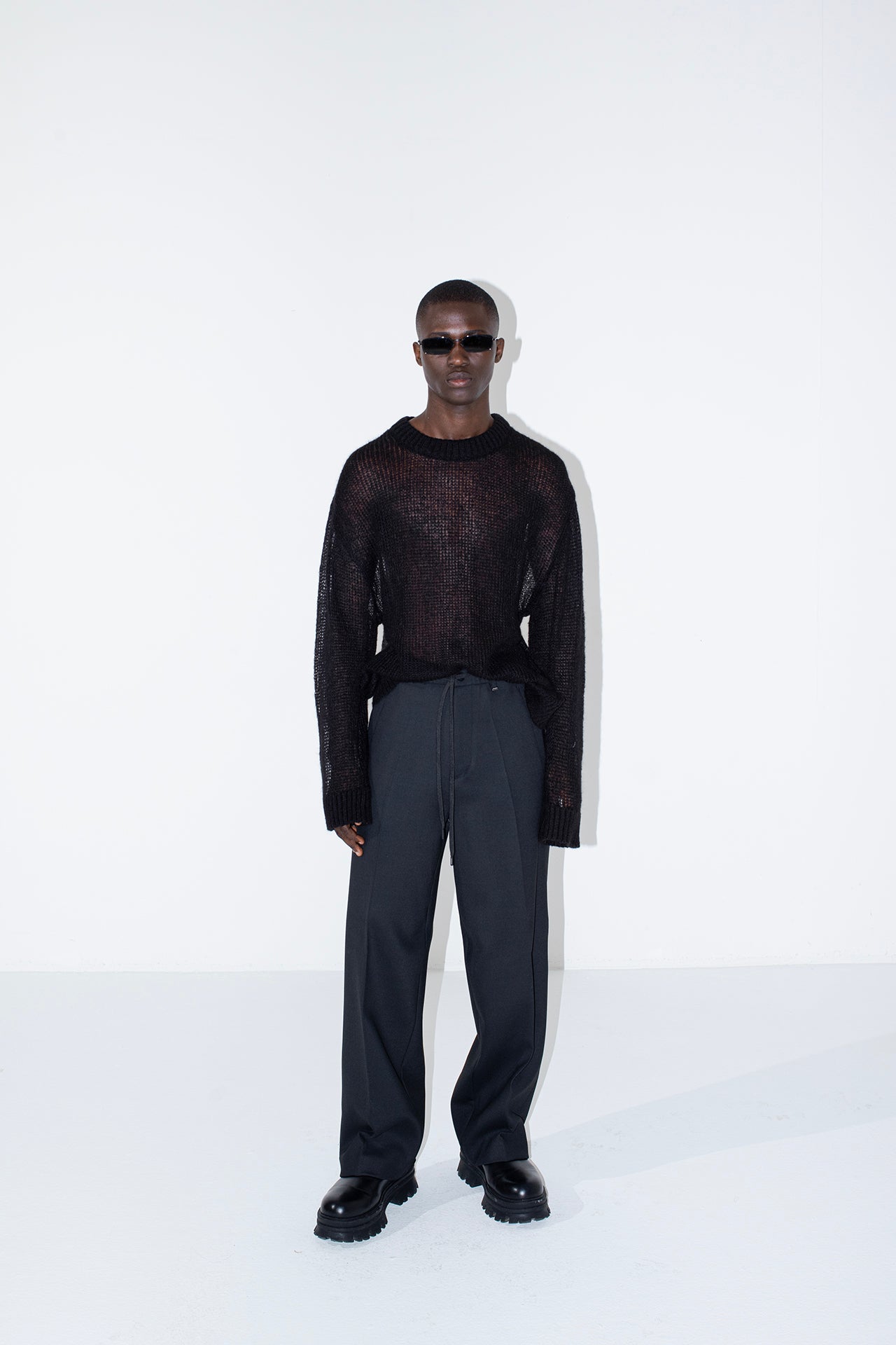 Oversized Perforated Wool Sweater - Black