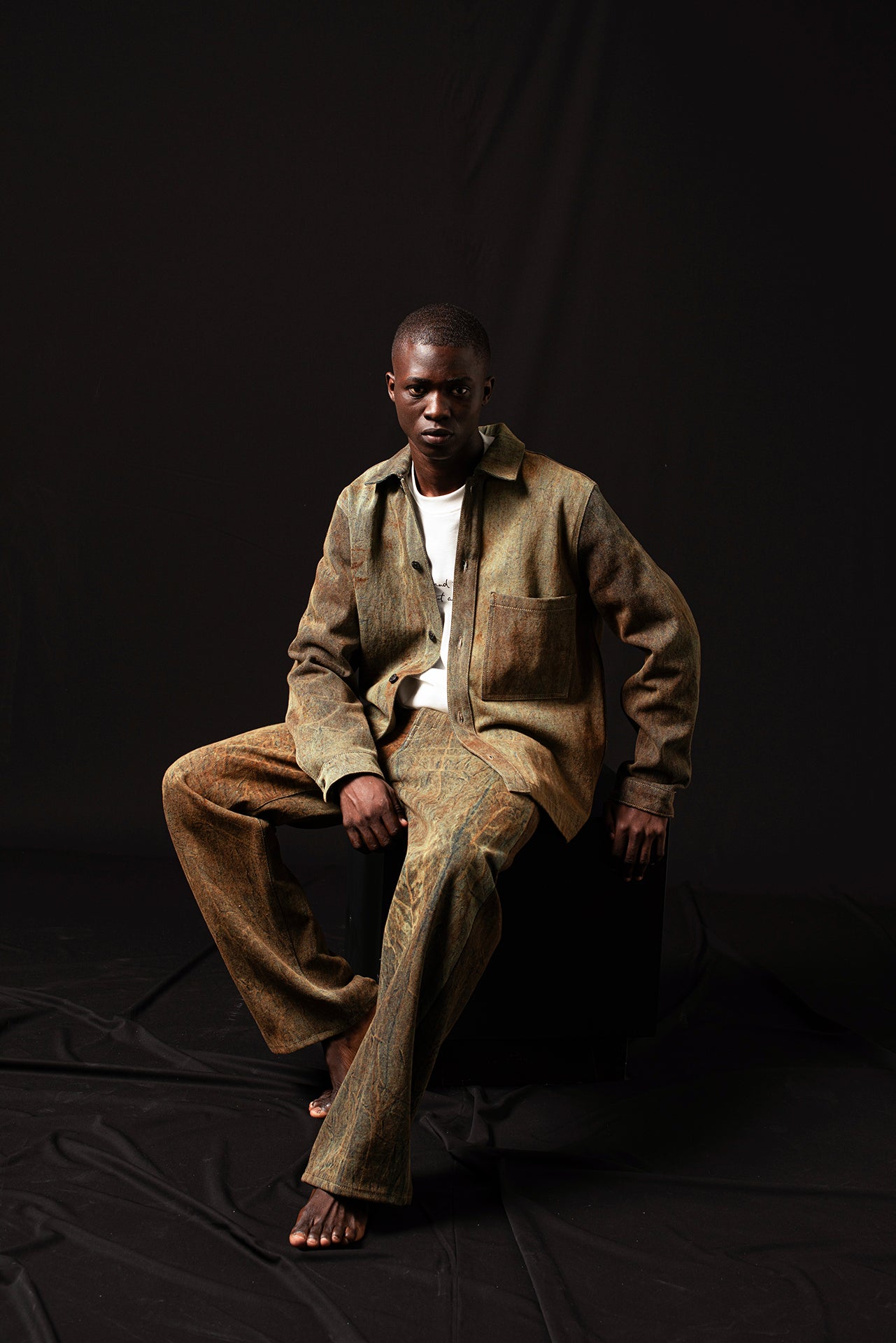 Rust-effect washed denim shirt