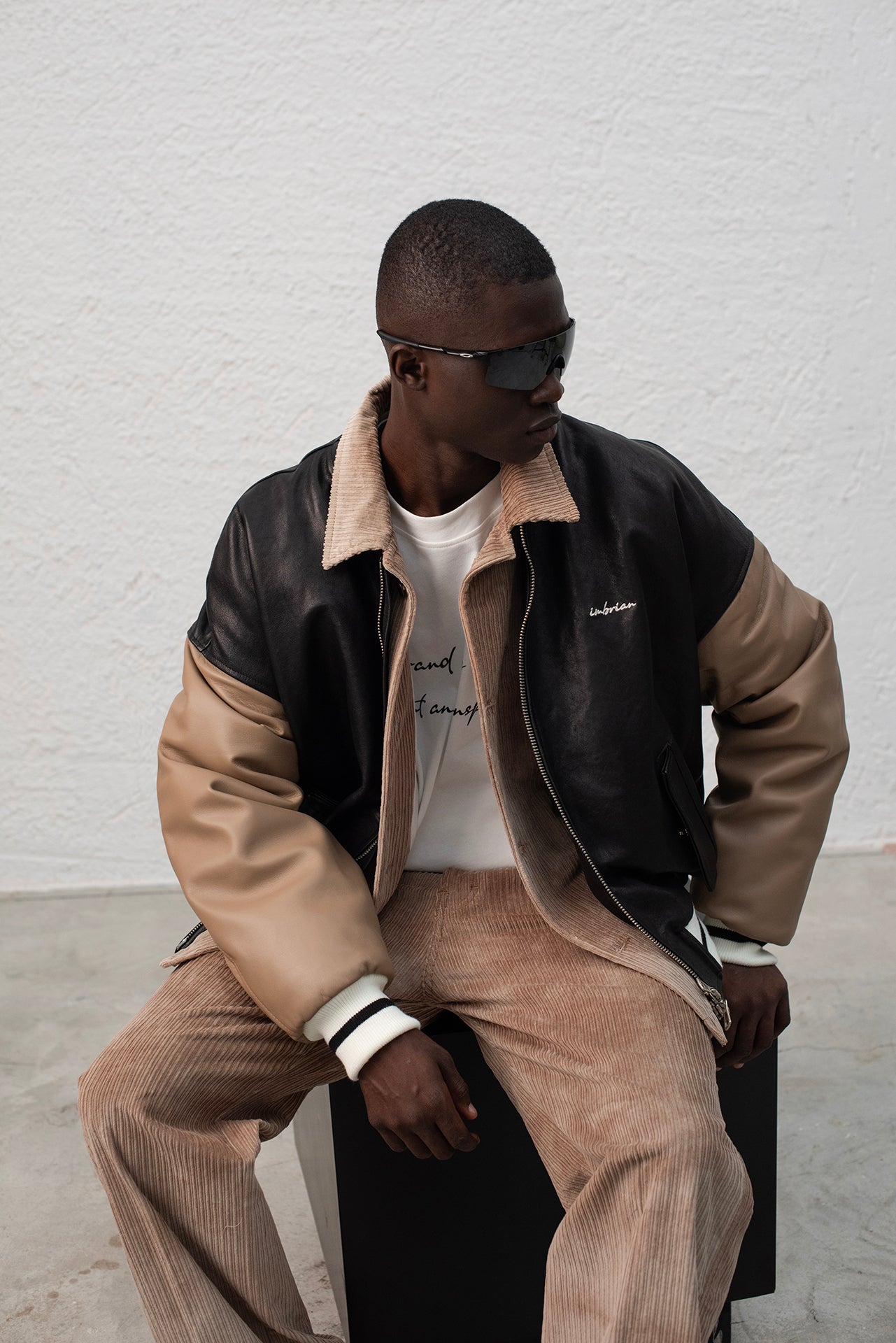 Oversized Leather Bomber Jacket - Black/Taupe