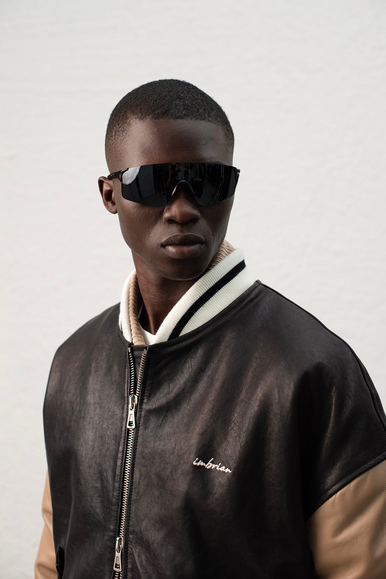 Oversized Leather Bomber Jacket - Black/Taupe