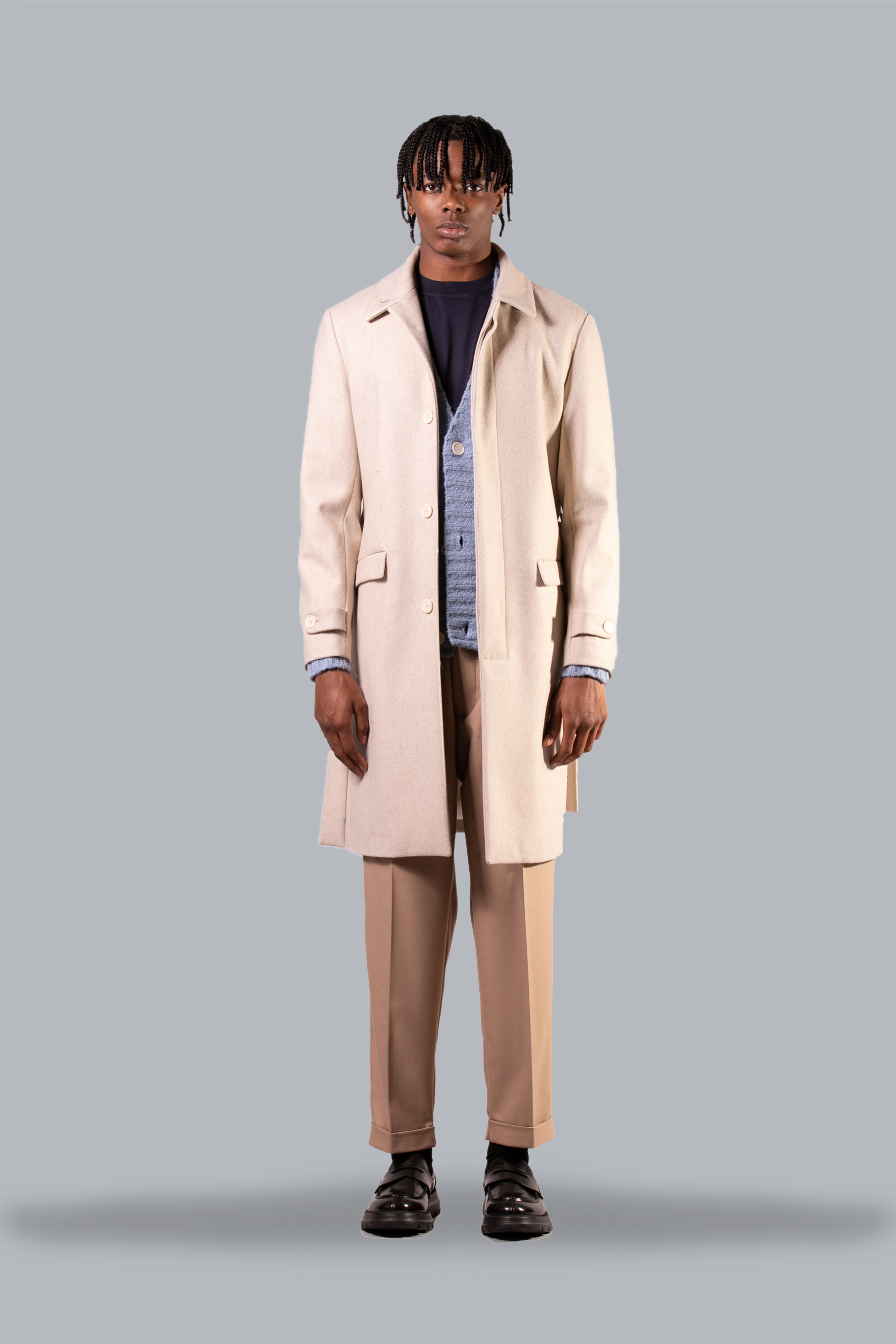 Single-Breasted Wool Blend Coat - Beige