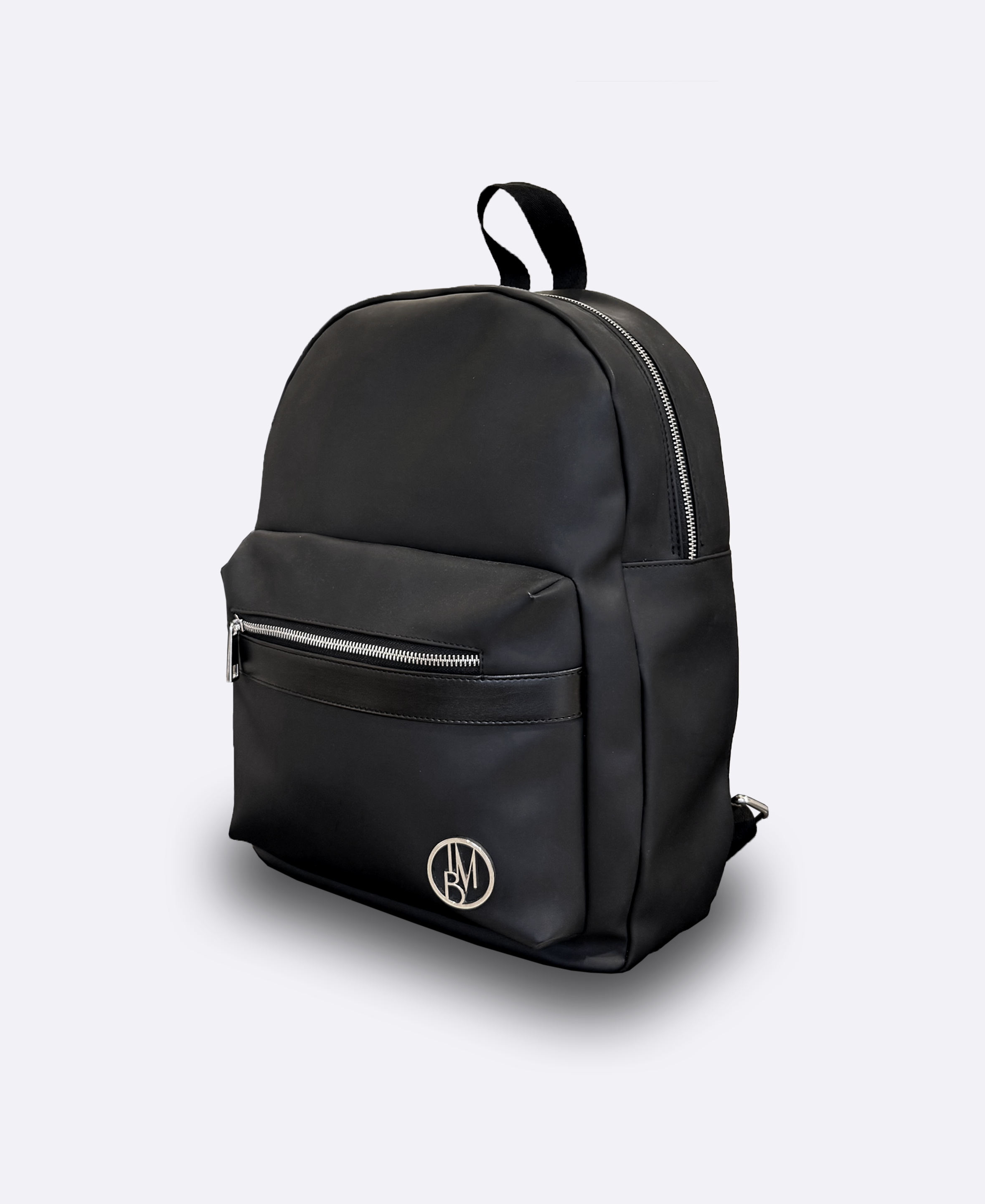 Eco-leather backpack with matt black metal logo