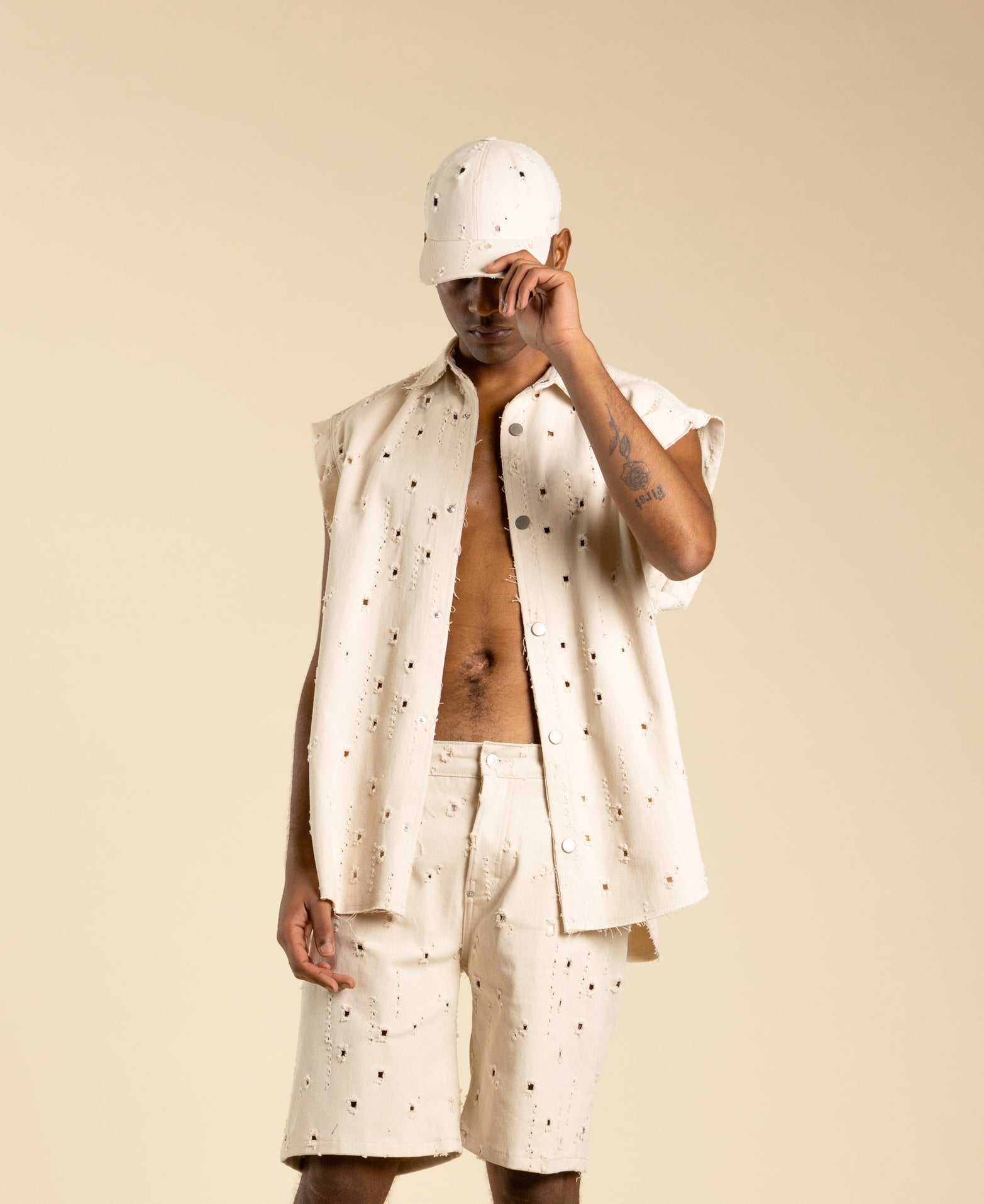 Cream denim cotton baseball cap