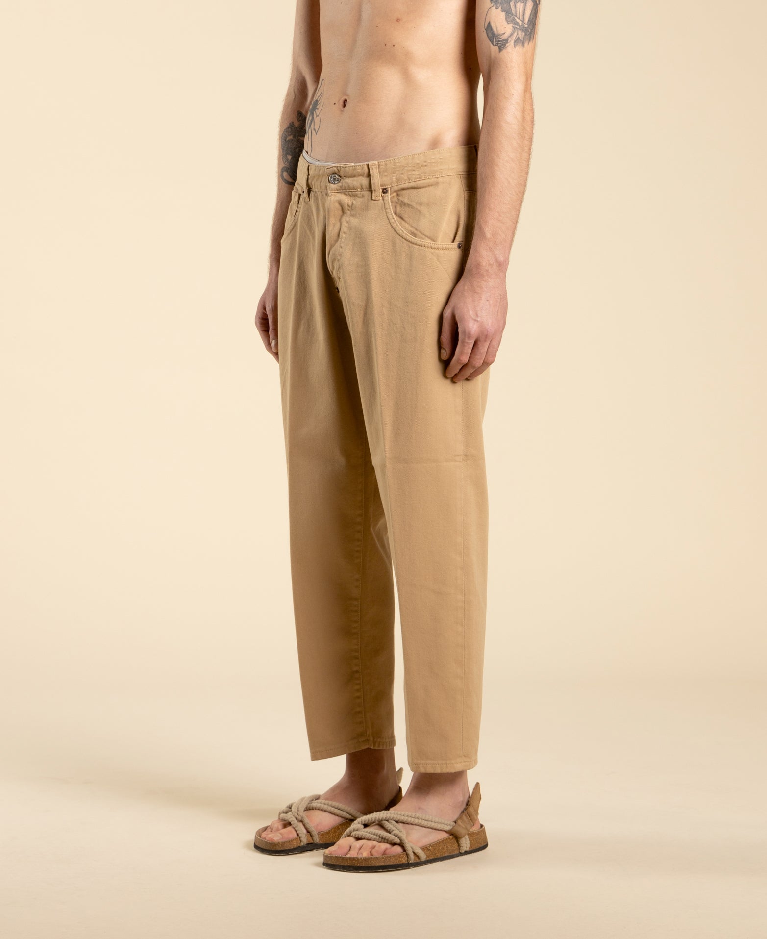 Cropped denim cotton jeans - Beige