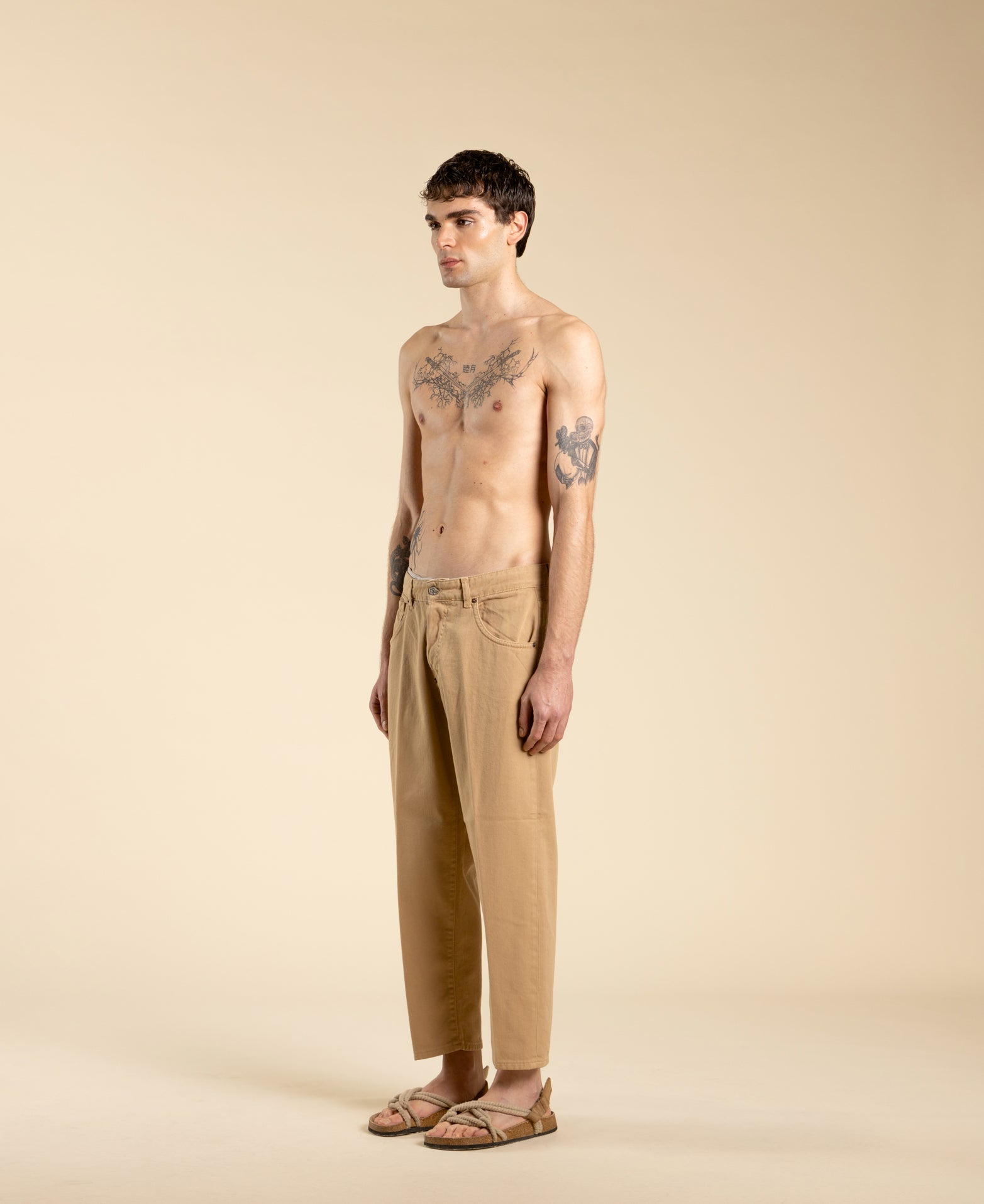 Cropped denim cotton jeans - Beige