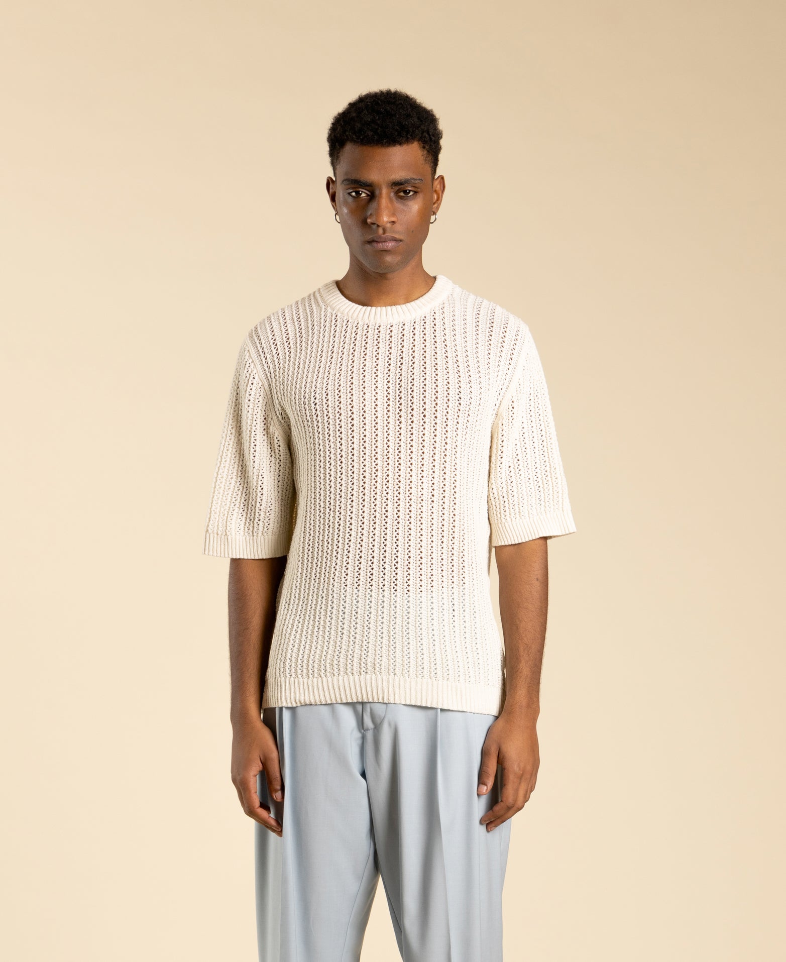 Perforated Crew Neck Cotton Sweater - Cream
