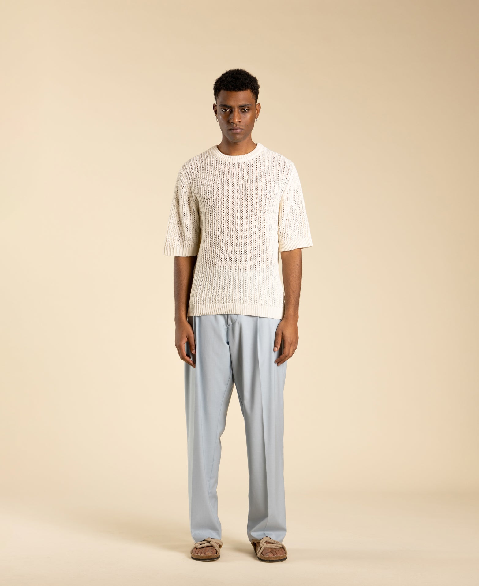 Perforated Crew Neck Cotton Sweater - Cream