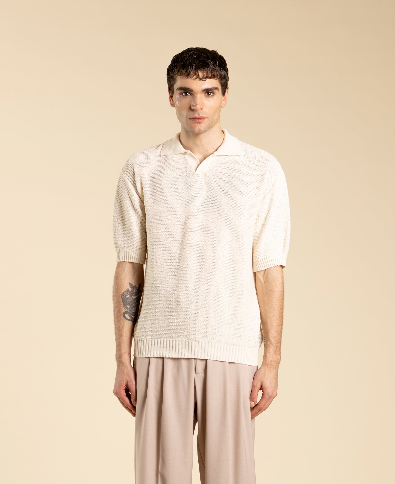 Regular-fit knit polo shirt - Cream