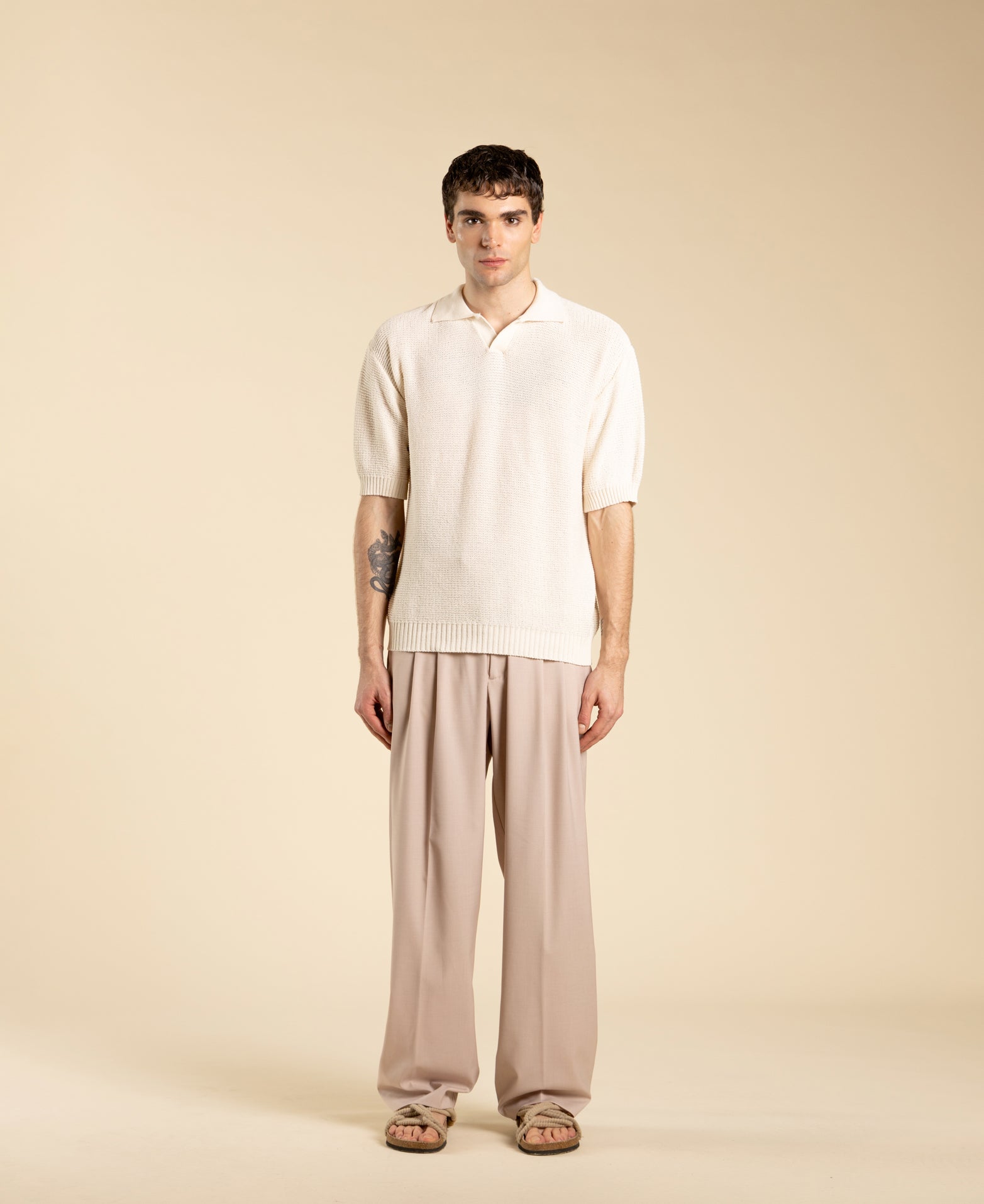 Regular-fit knit polo shirt - Cream