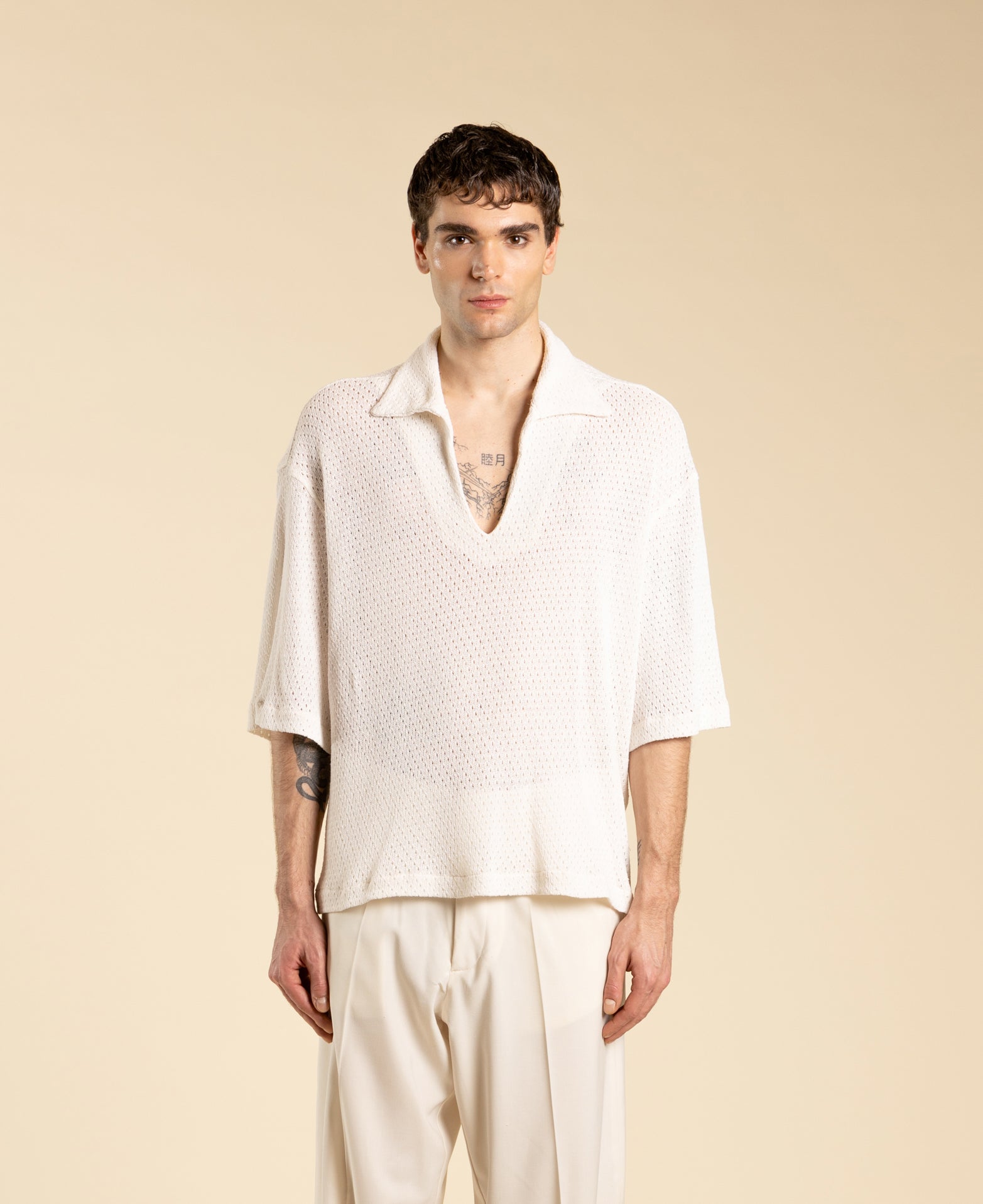 Wide-Neck Cotton Polo Shirt - Cream