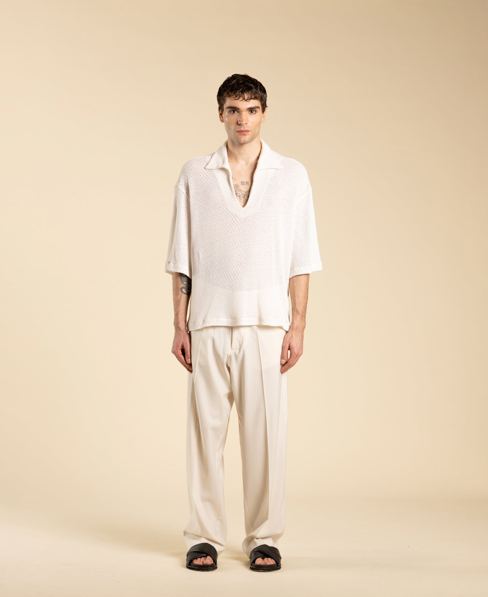 Wide-Neck Cotton Polo Shirt - Cream