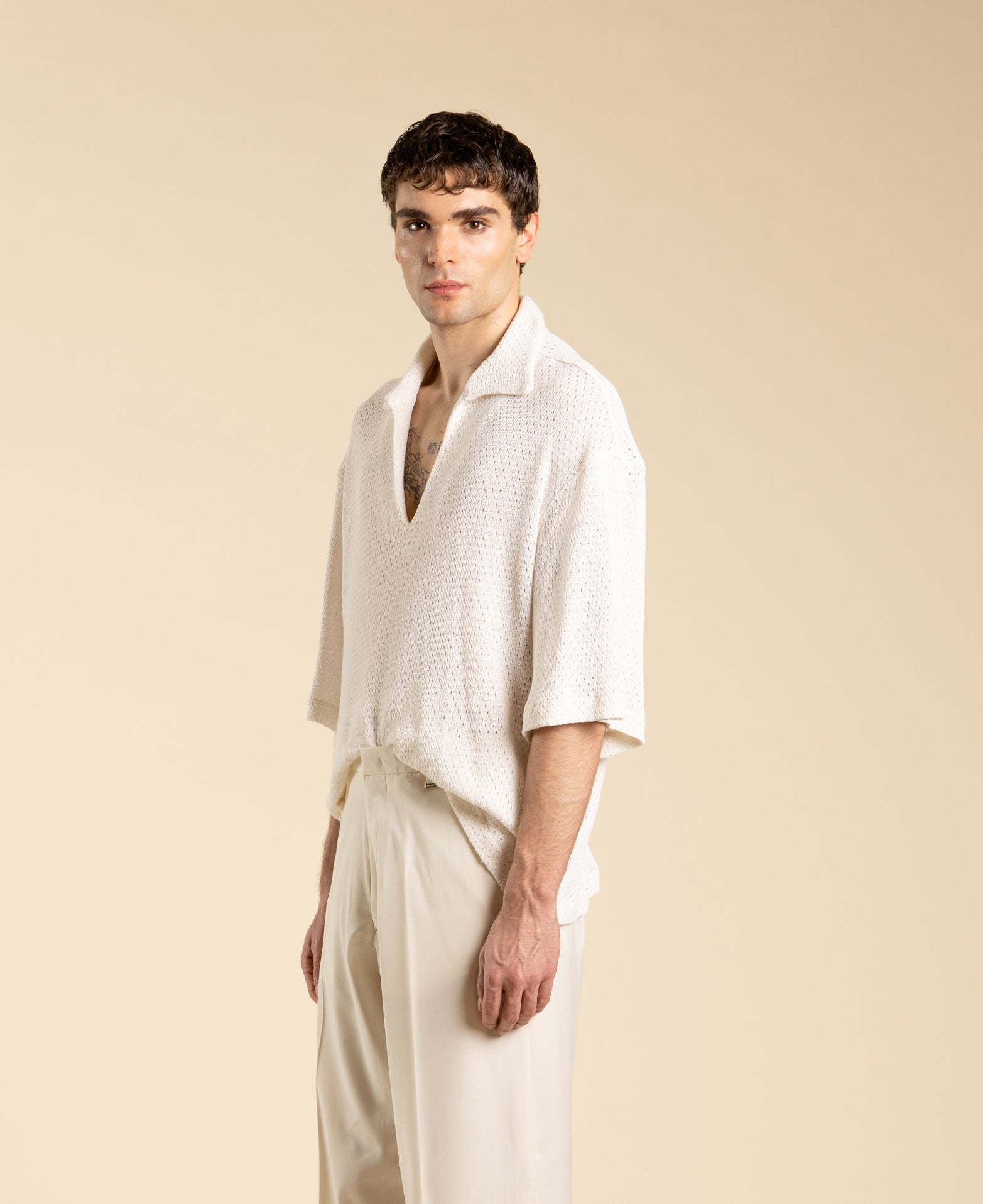 Wide-Neck Cotton Polo Shirt - Cream