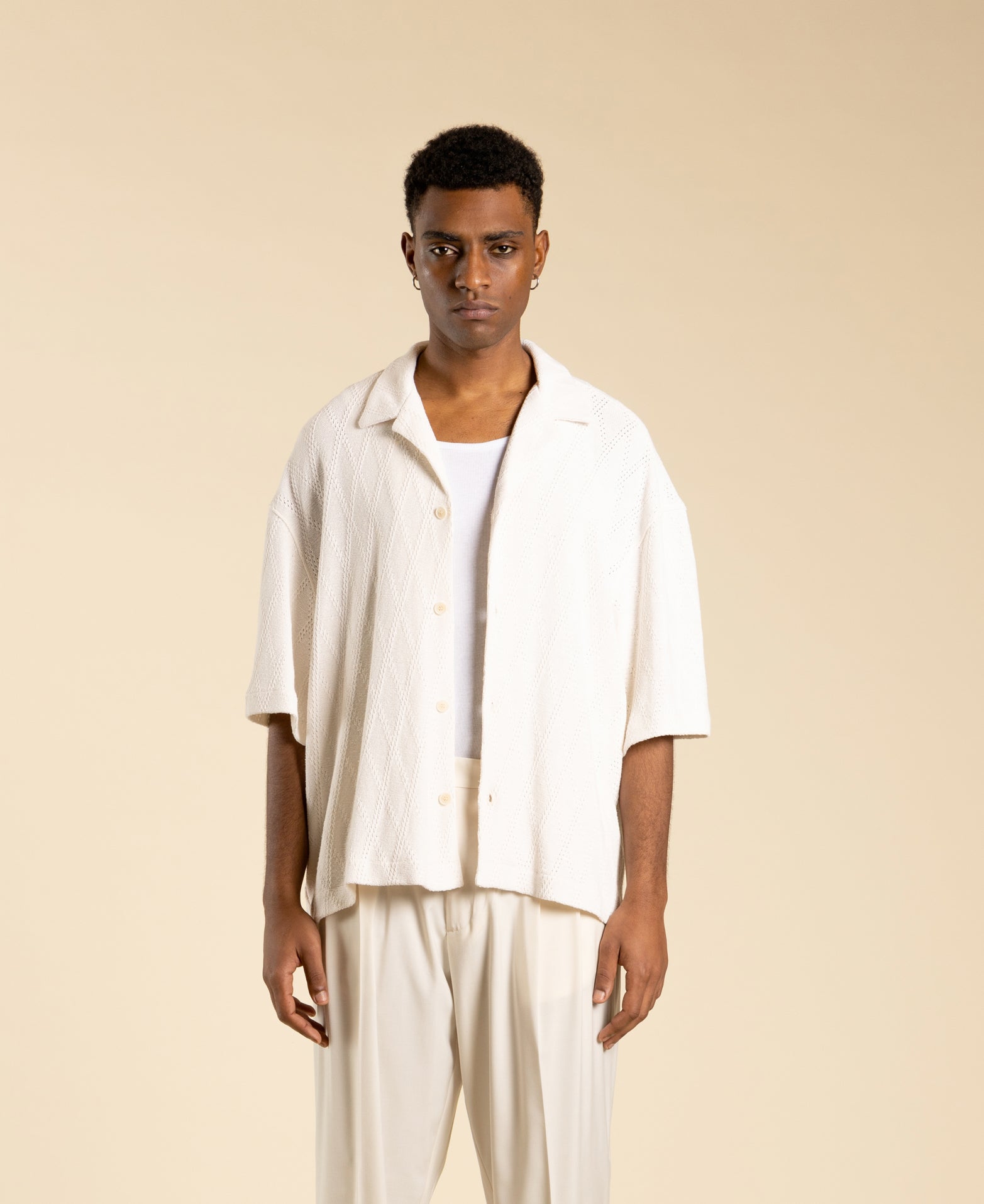 Diamond Pattern Cotton Shirt - Cream