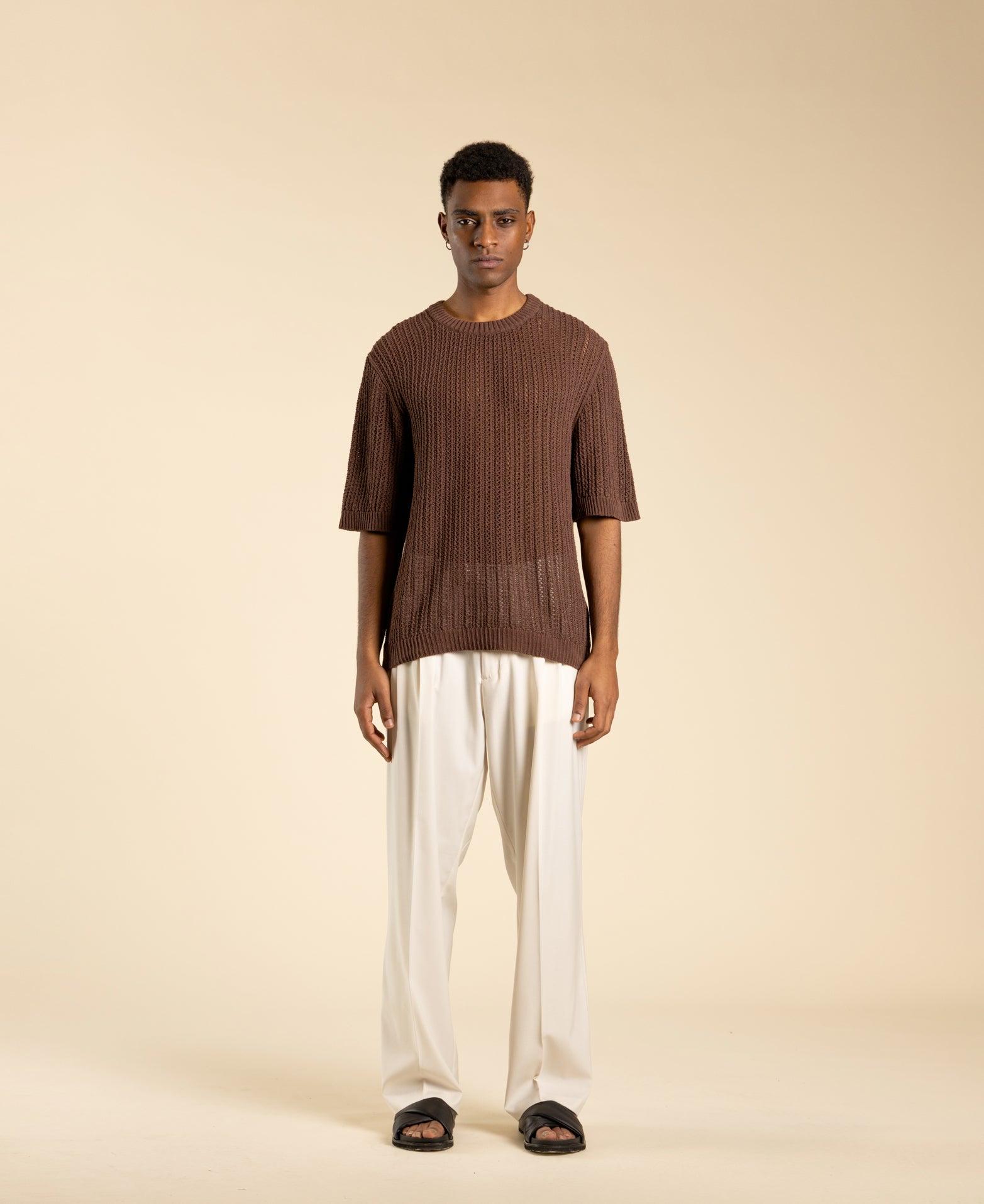 Perforated crew neck cotton sweater - Moro