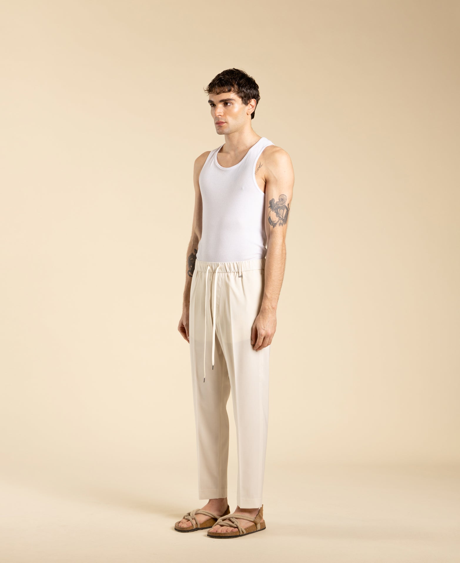 Regular fit trousers with drawstring - Cream