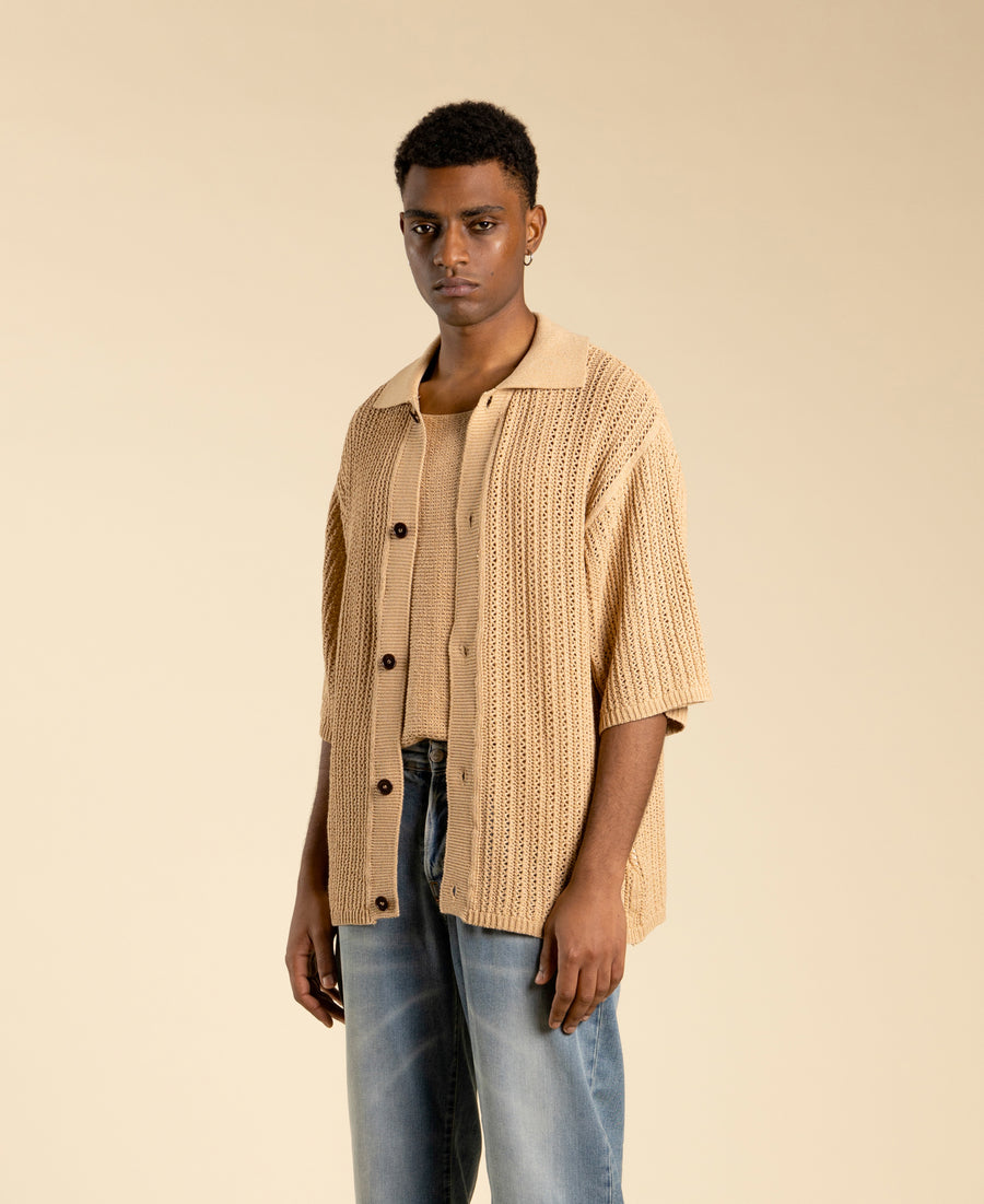 Cardigan oversize in maglia traforato - Beige