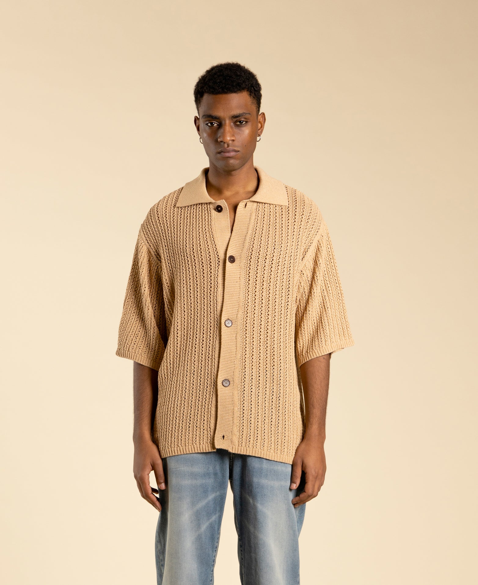 Oversized Openwork Knit Cardigan - Beige