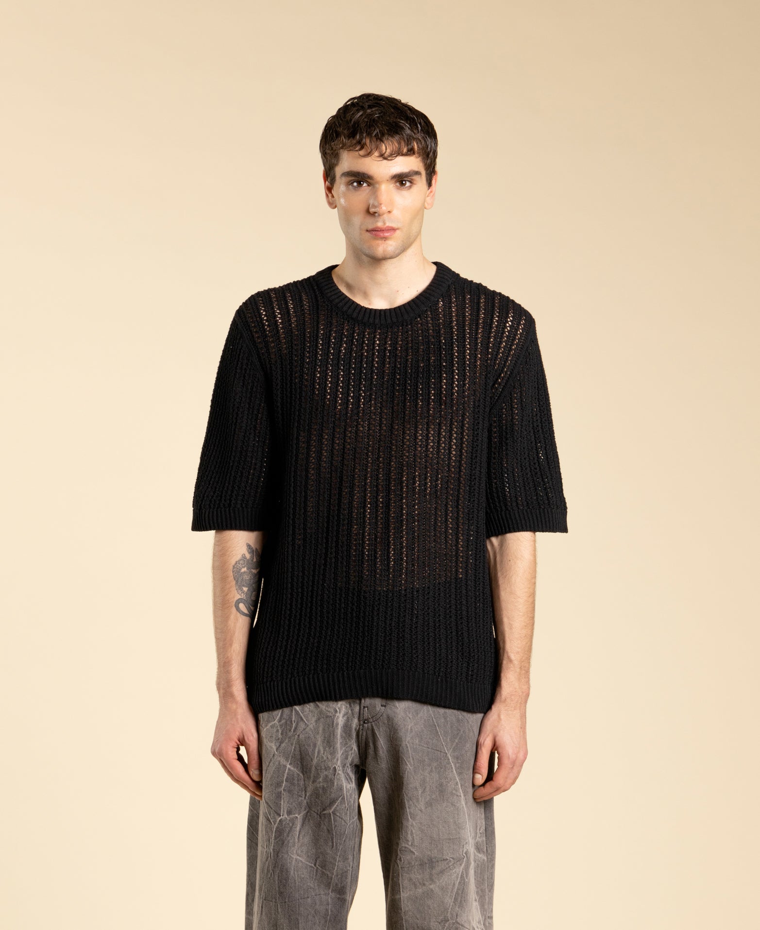 Perforated Crew Neck Cotton Sweater - Black