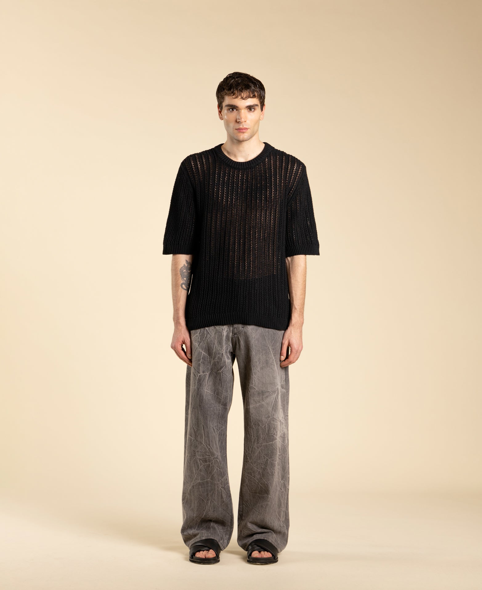 Perforated Crew Neck Cotton Sweater - Black