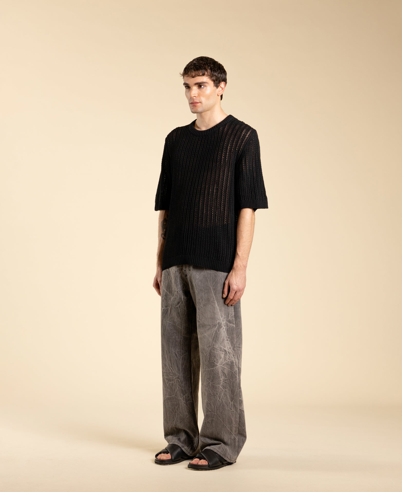 Perforated Crew Neck Cotton Sweater - Black