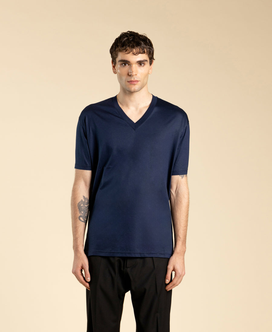 T-shirt in cotone modal mercerizzato scollo a punta - Blu