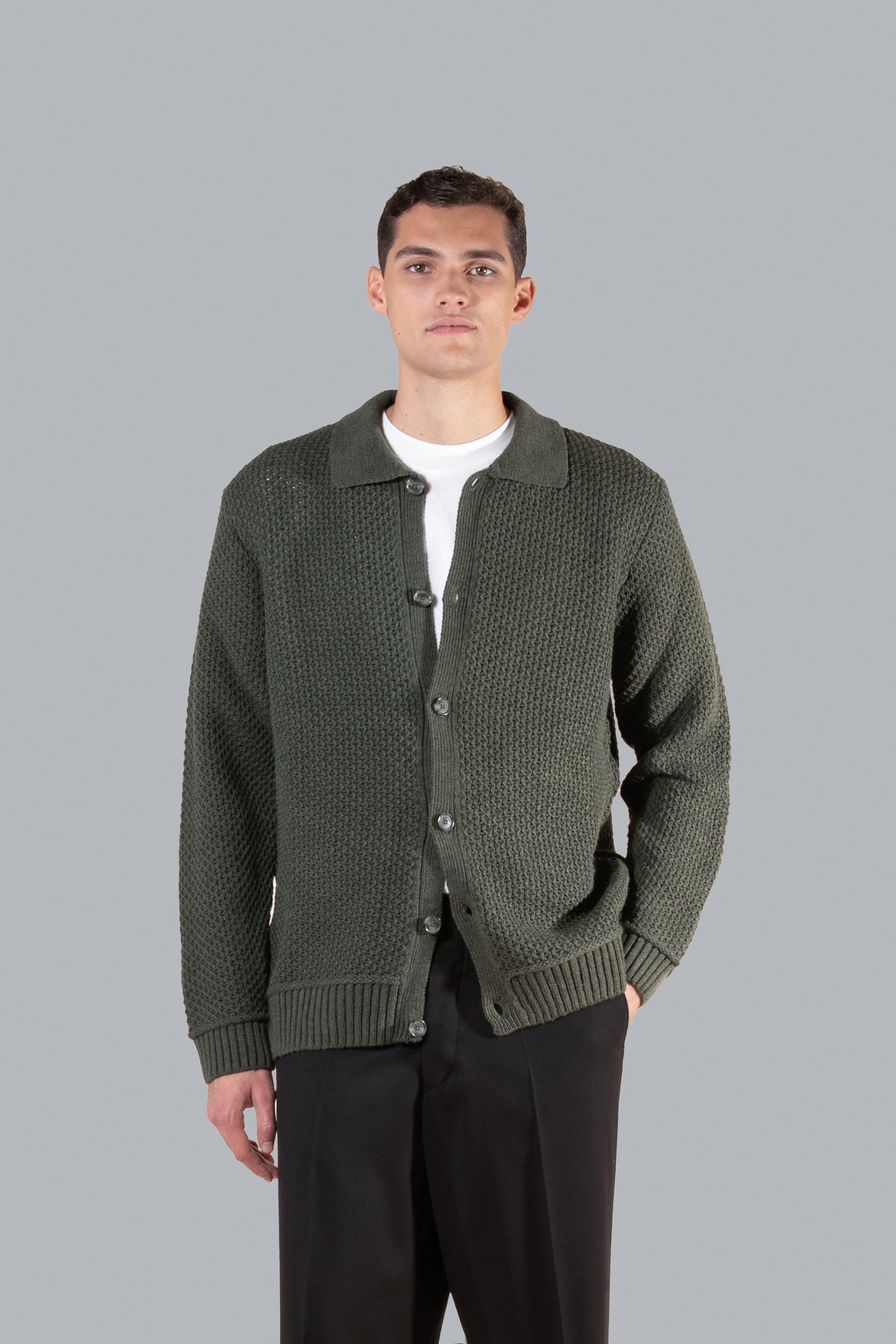 Wool Blend Polo Cardigan - Army Green