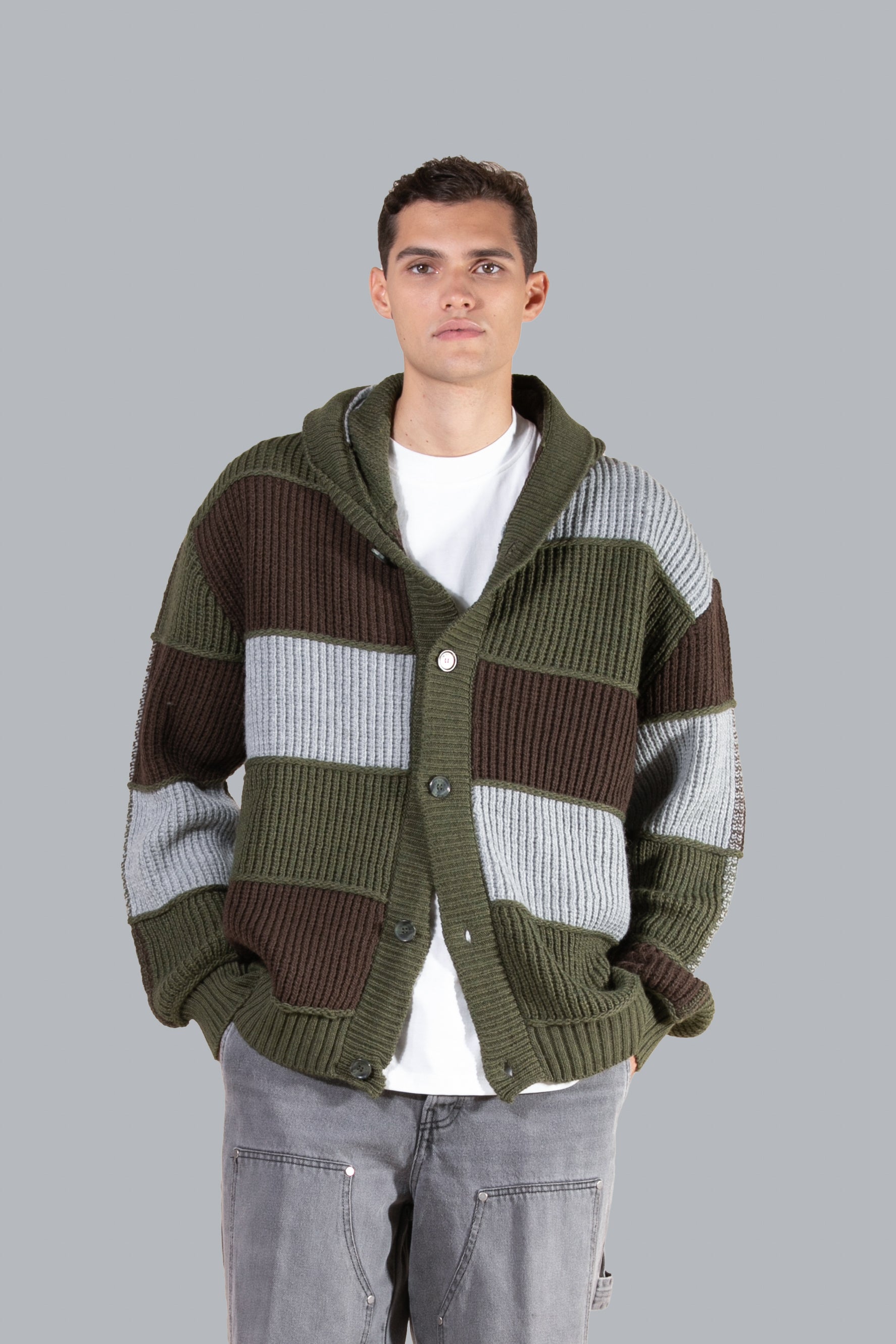 Oversized patchwork cardigan with hood