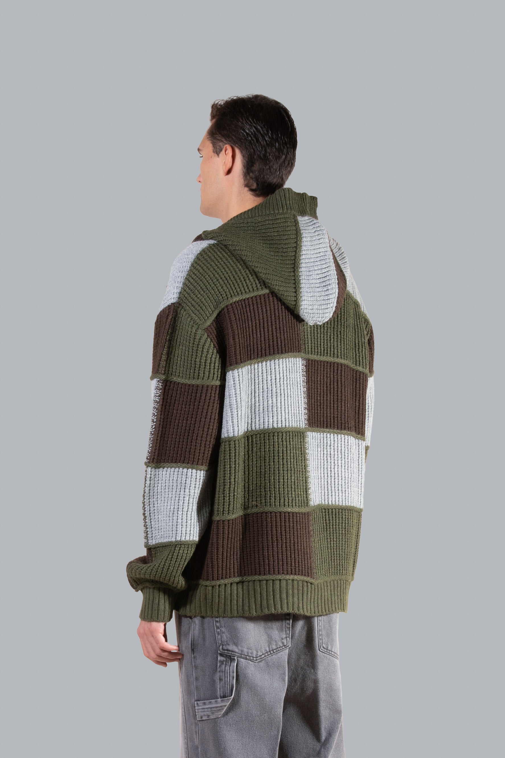 Oversized patchwork cardigan with hood