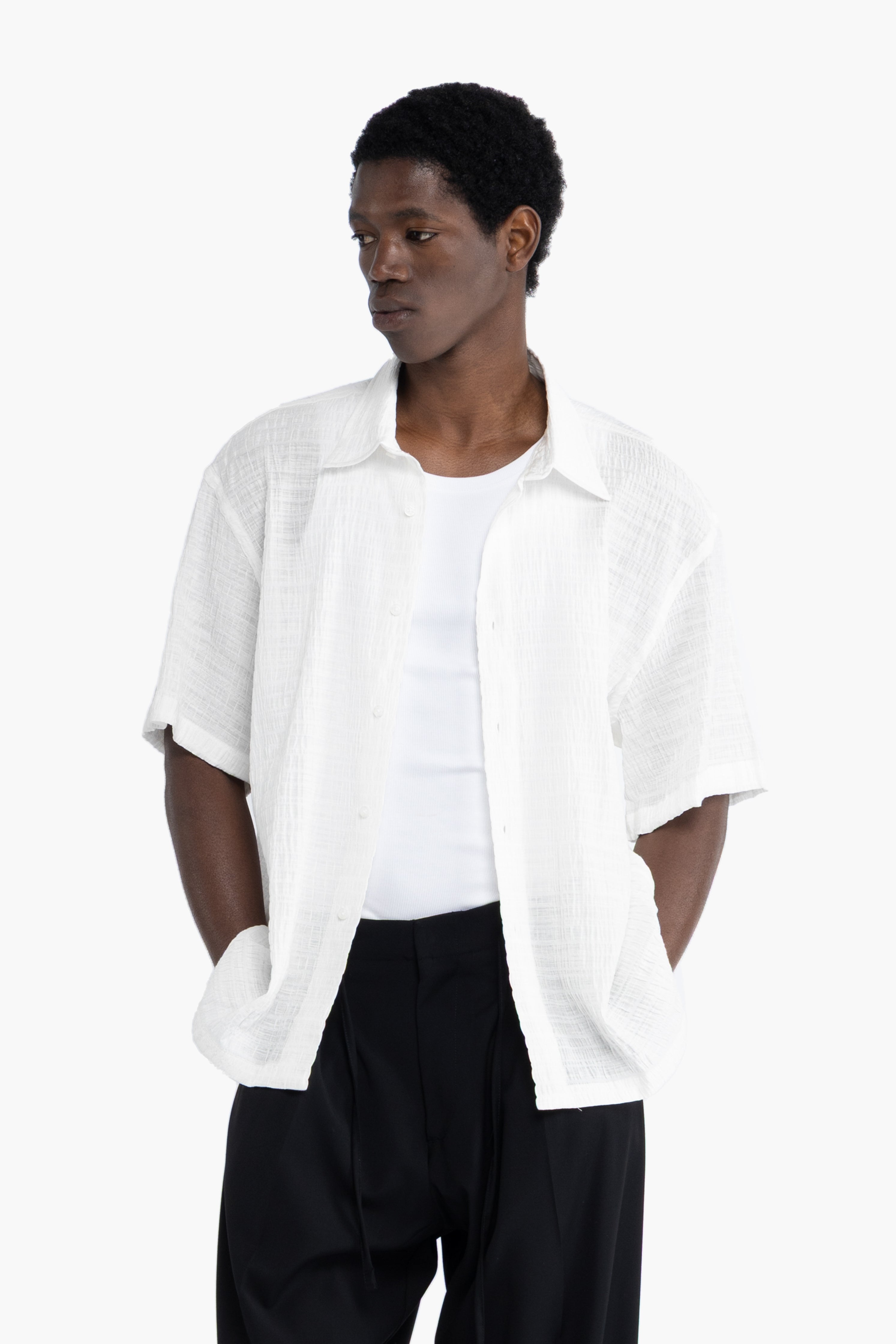 Camicia jacquard maniche corte - Bianco