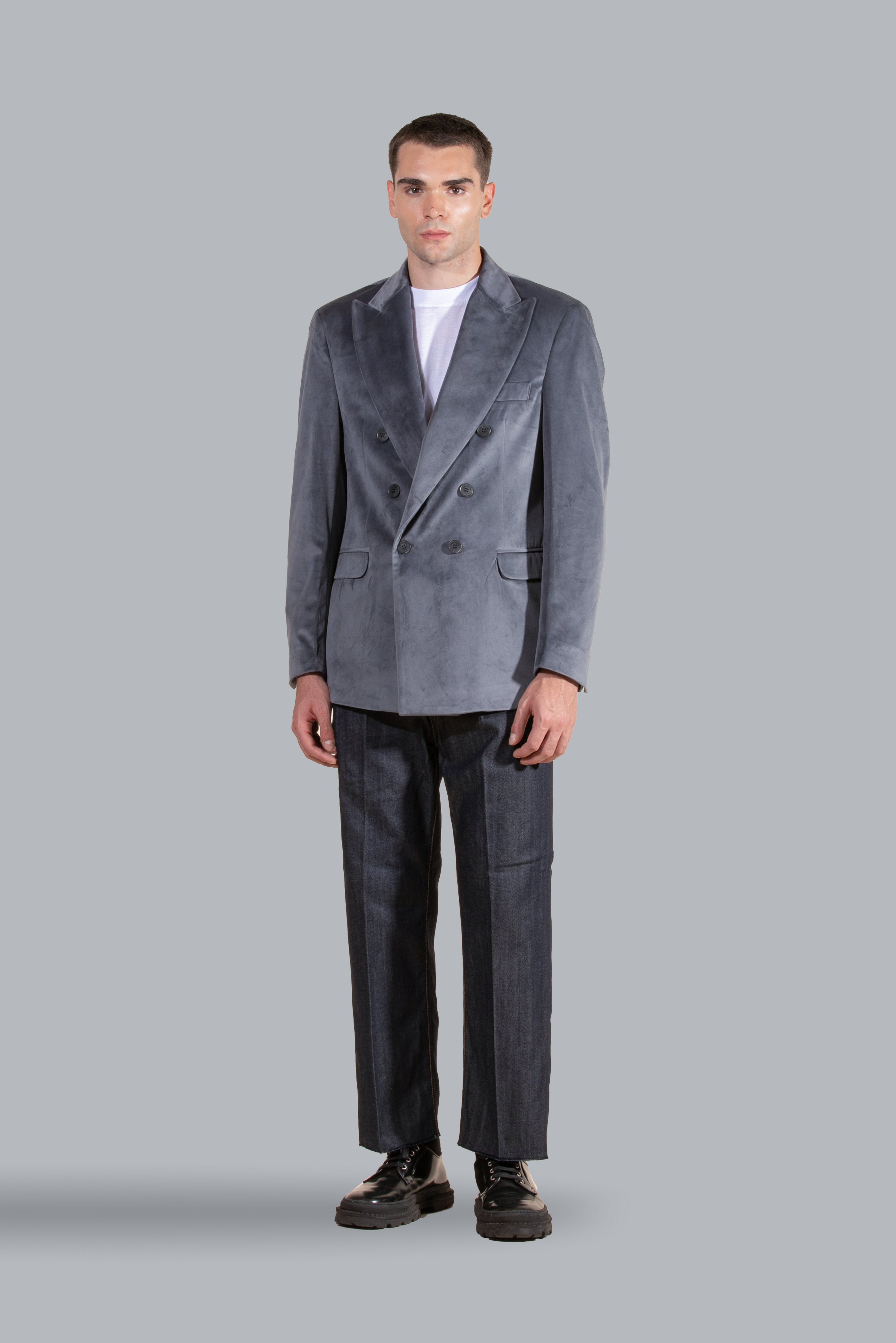 Smooth Velvet Double-Breasted Jacket - Grey