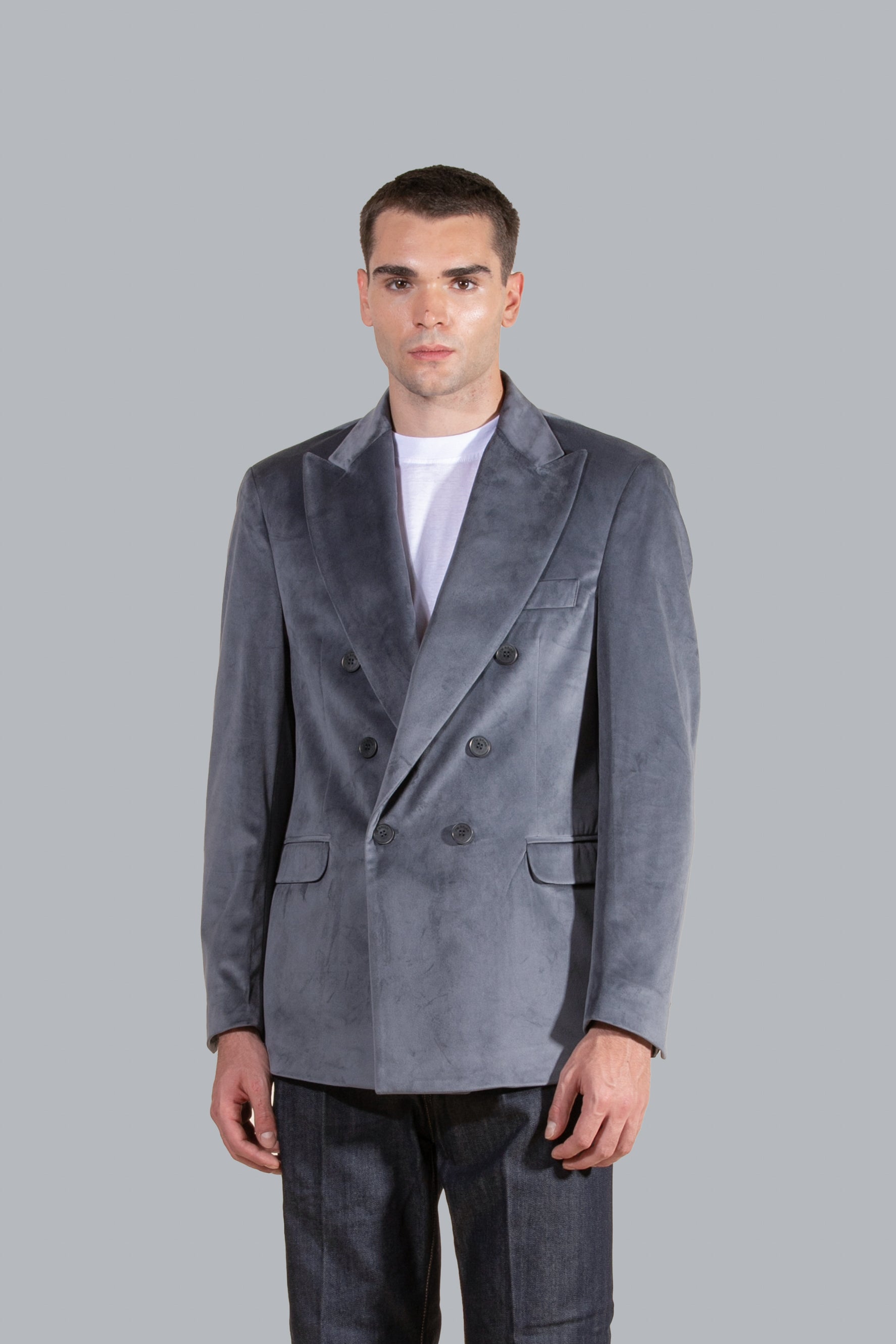 Smooth Velvet Double-Breasted Jacket - Grey