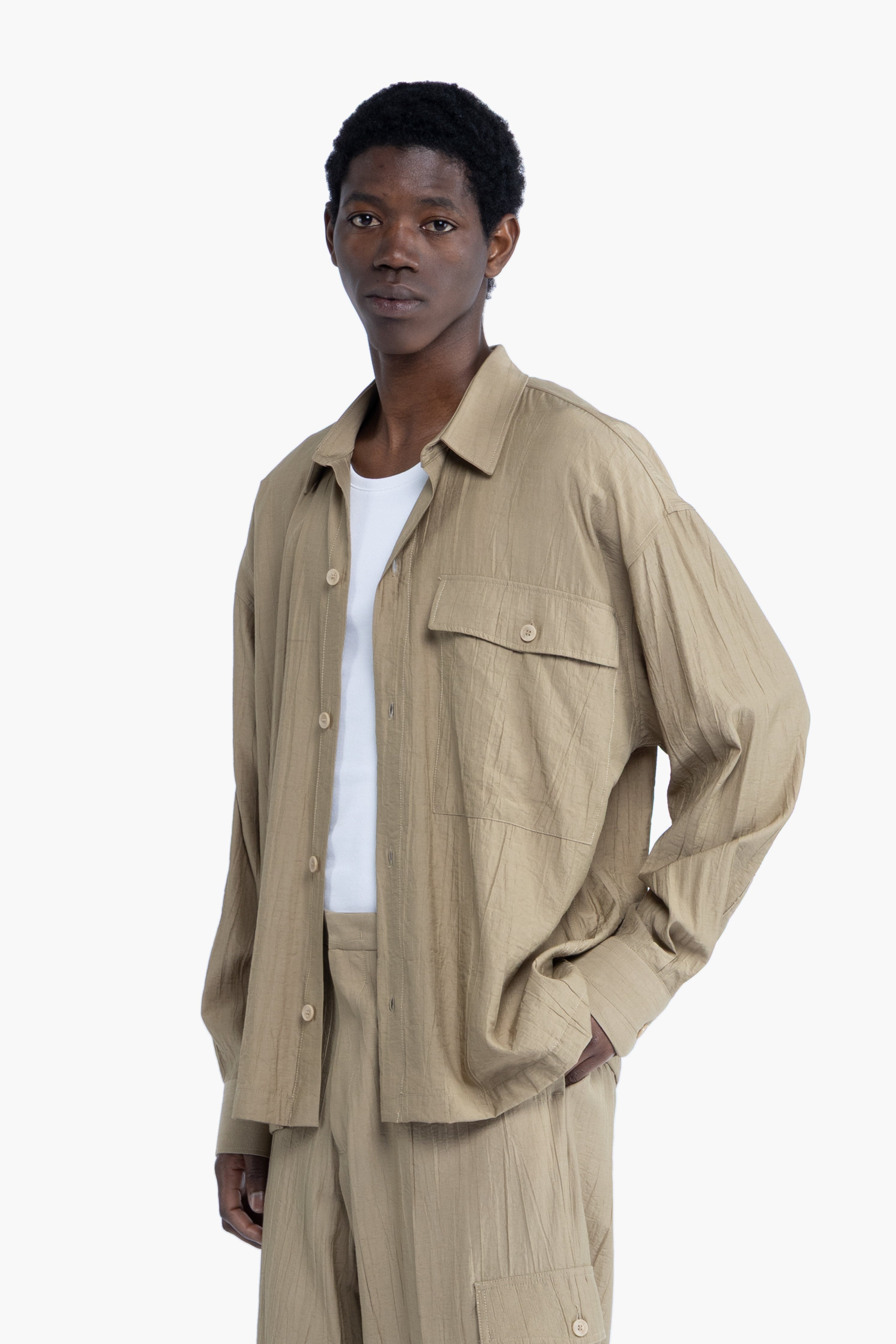 Camicia con tasca effetto stropicciato - Khaki