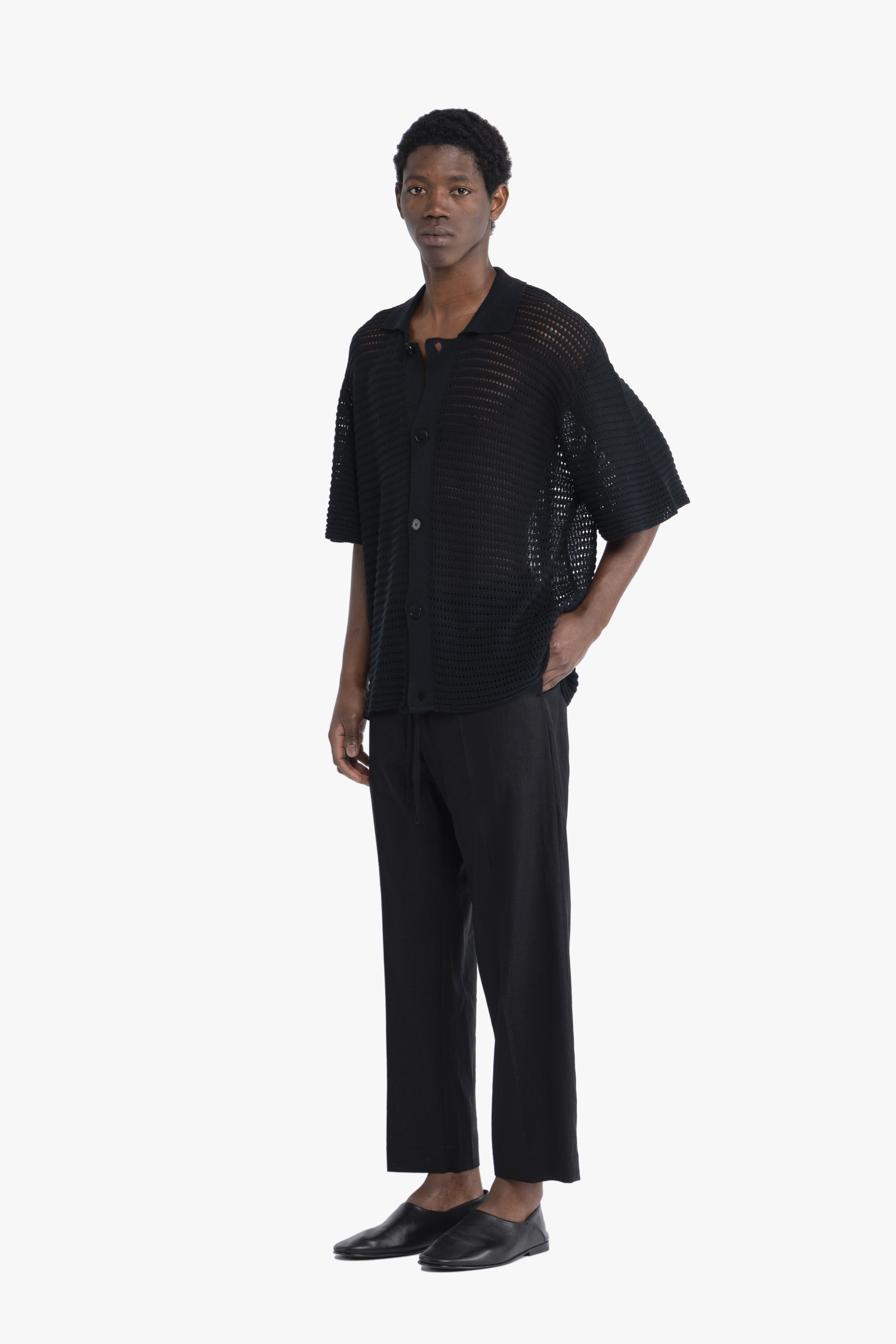 Cardigan polo crochet in maglia - Nero