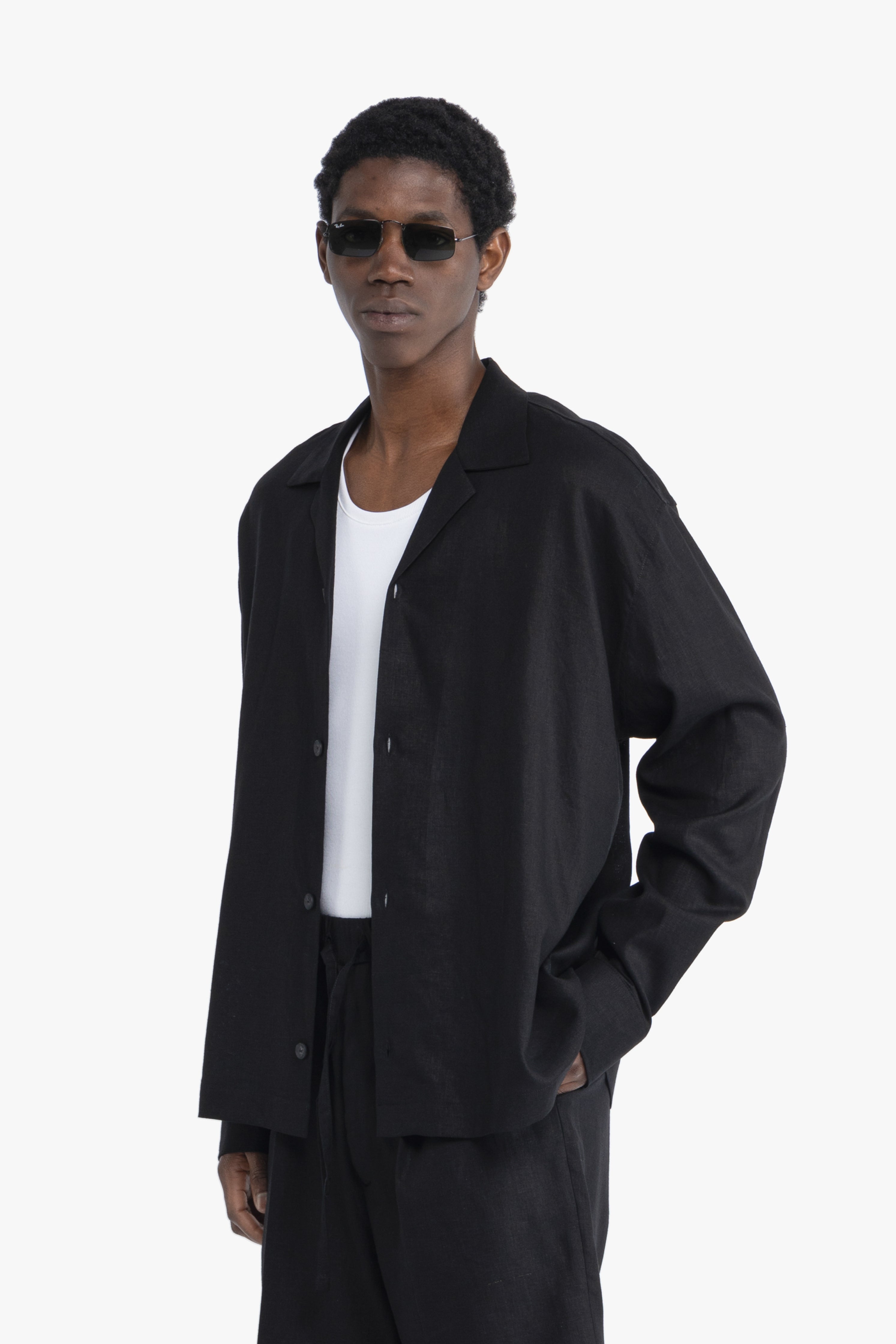 Camicia maniche lunghe in lino - Nero