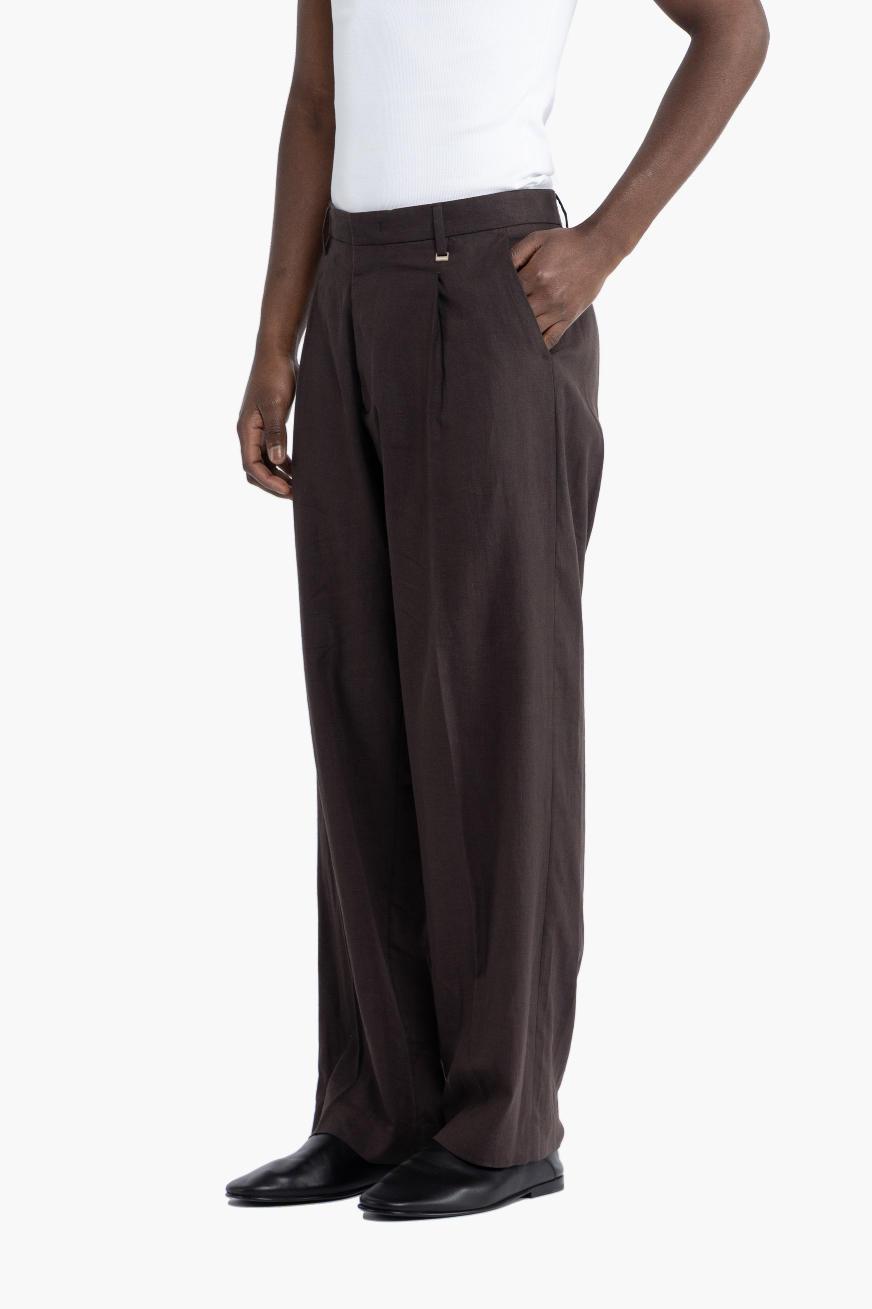 Pantalone gamba ampia in lino - Moro
