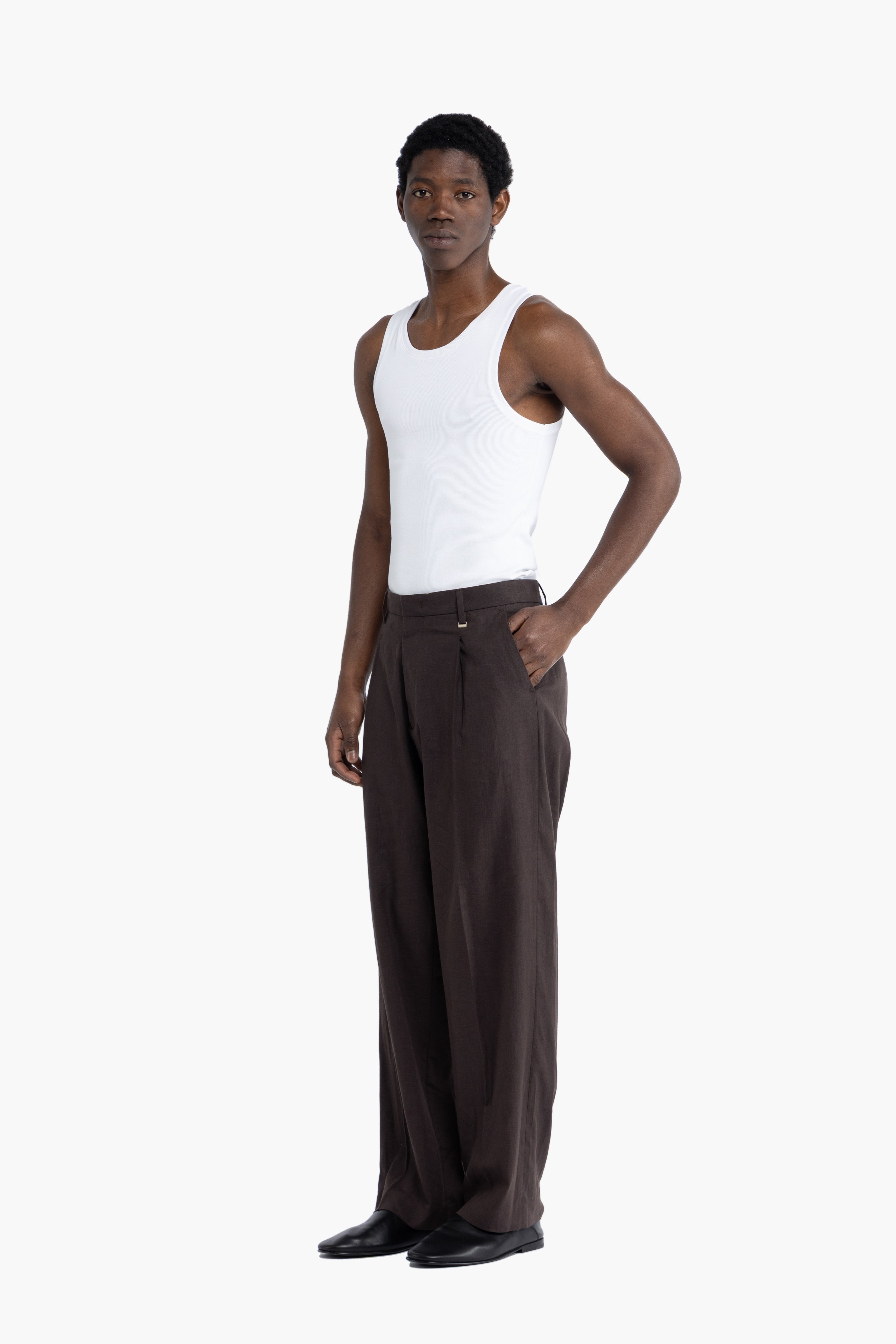 Pantalone gamba ampia in lino - Moro