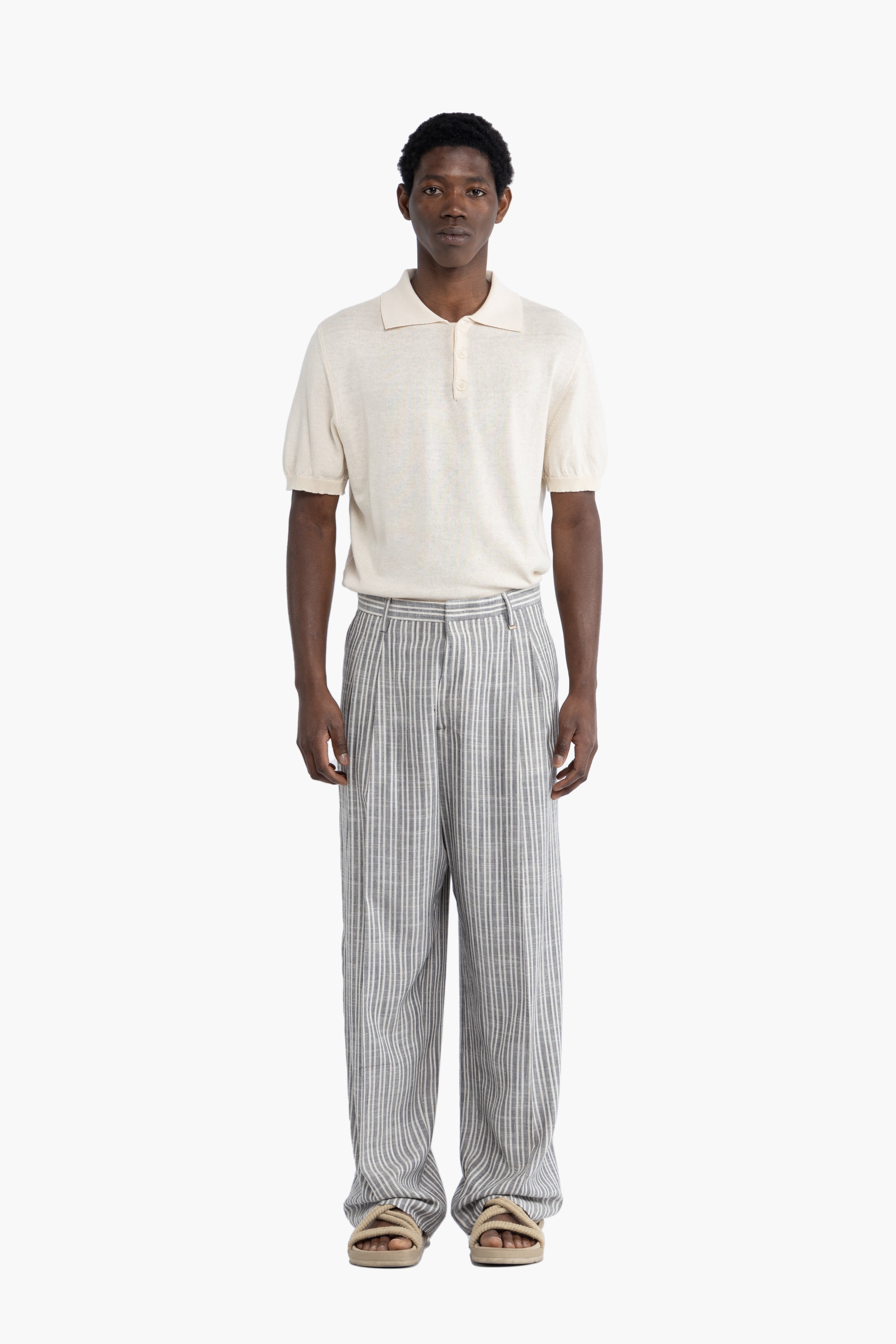 Pantalone doppia pinces in lino a righe