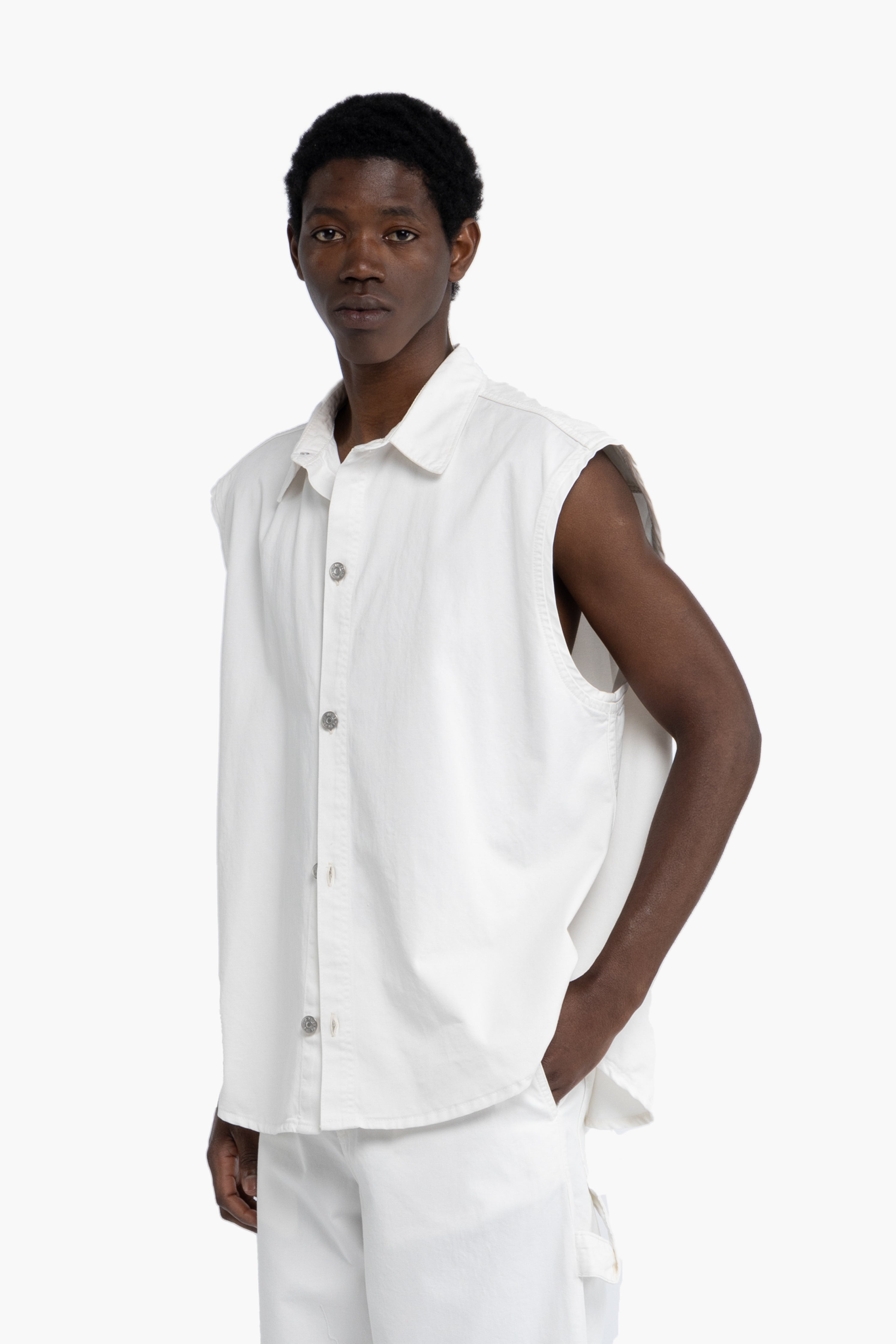 Camicia smanicata in cotone - Panna