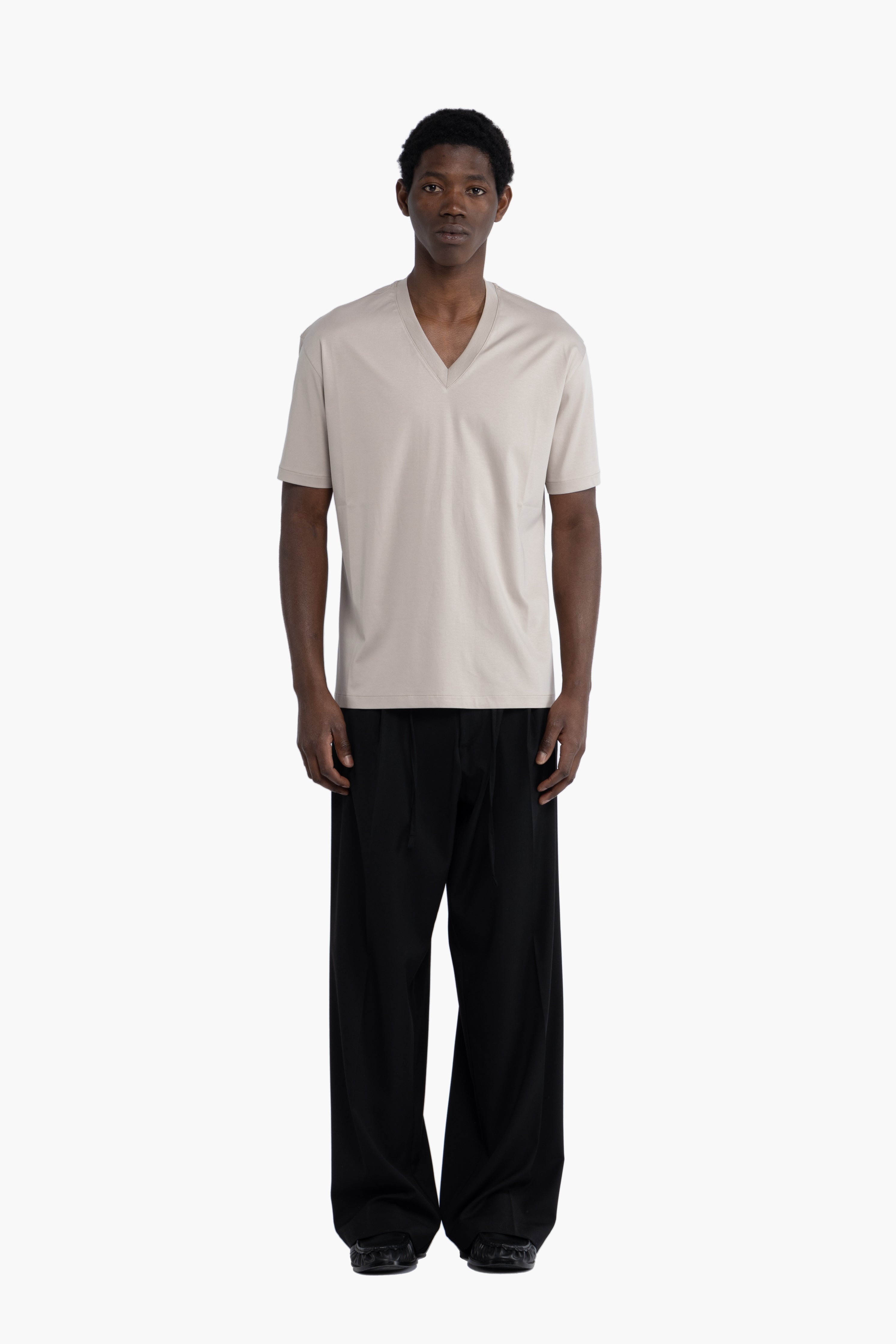 T-shirt scollo a punta cotone mercerizzato - Beige