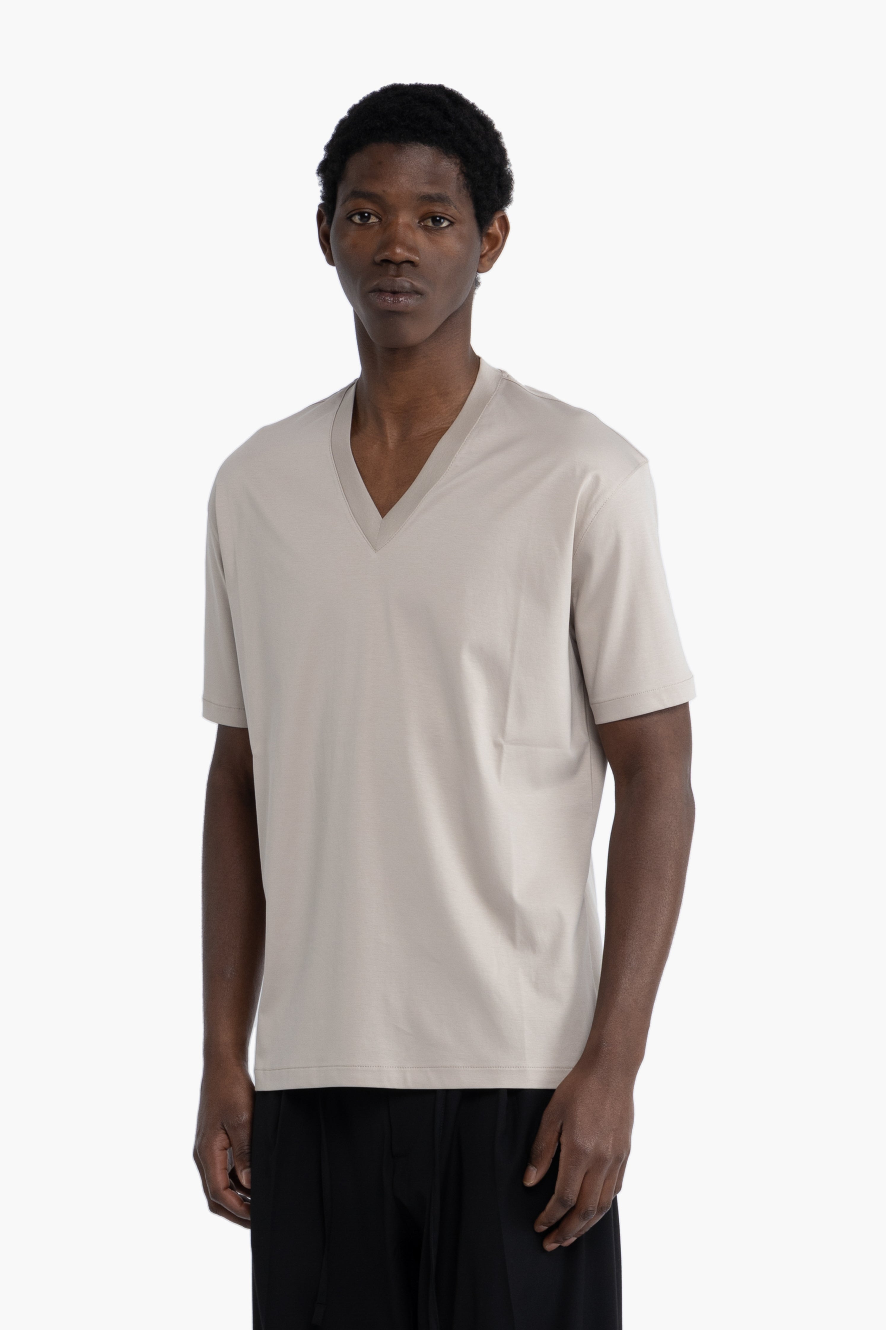 T-shirt scollo a punta cotone mercerizzato - Beige