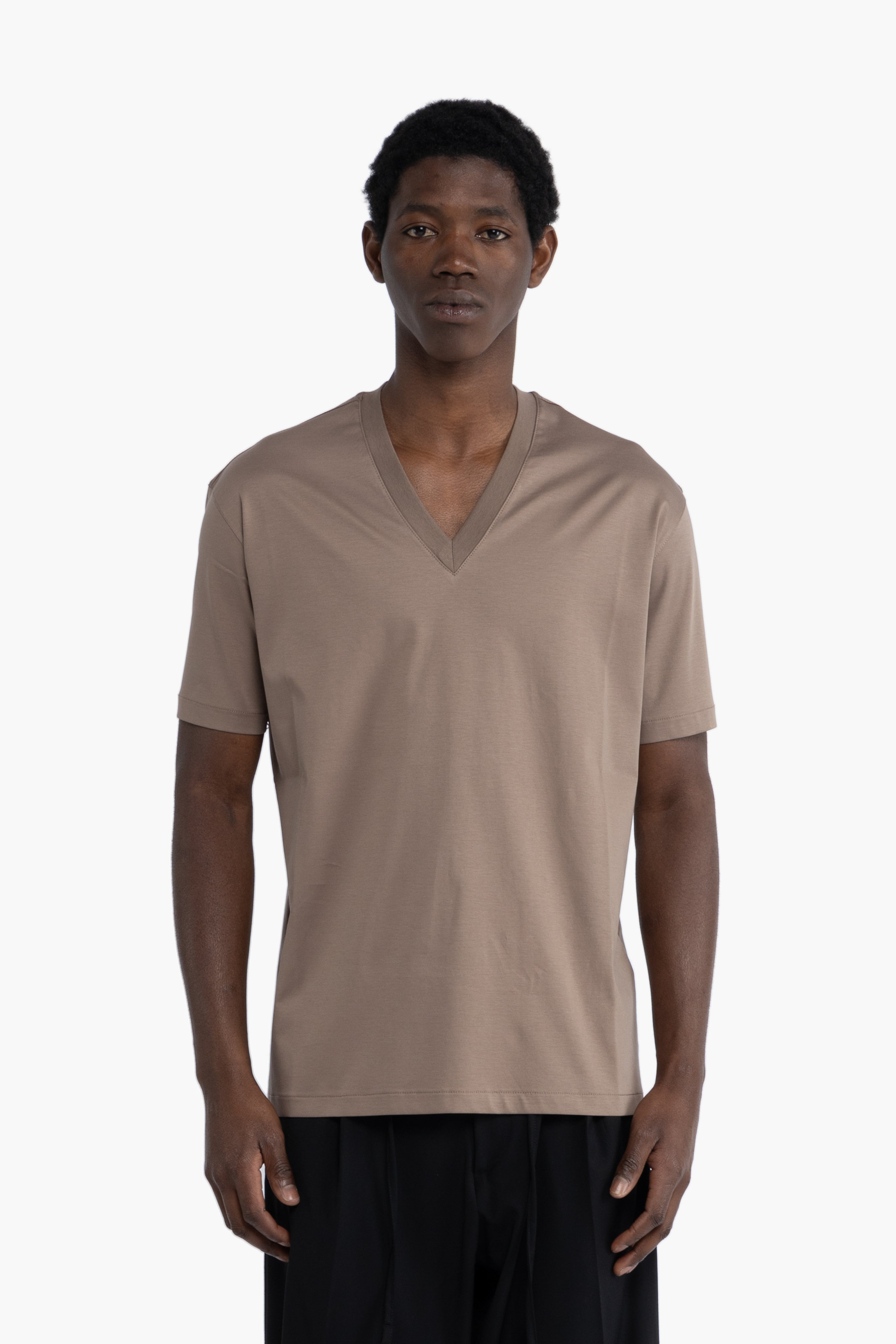 T-shirt scollo a punta cotone mercerizzato - Taupe