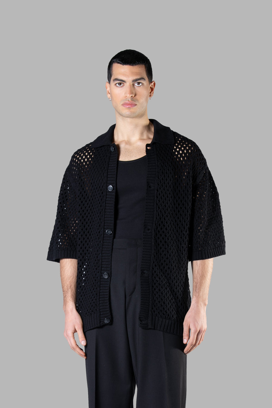 Cardigan crochet in maglia di cotone oversize - Nero