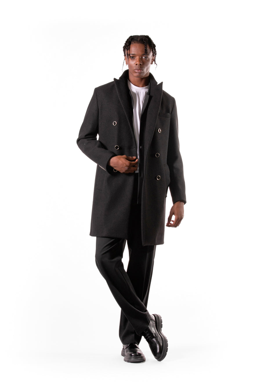 Double-breasted peaked coat - Black