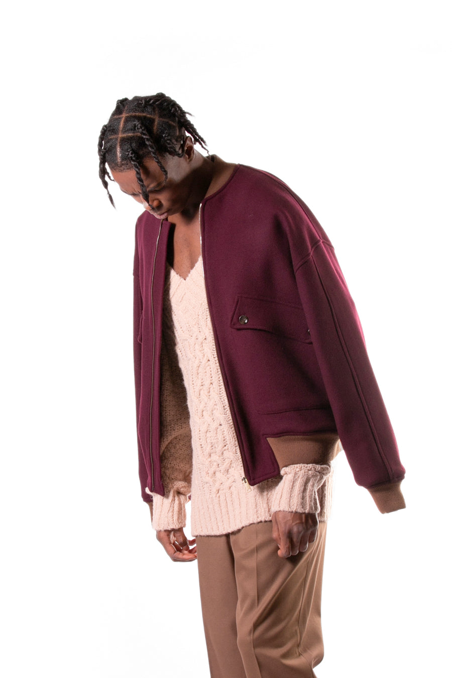 Oversized wool bomber jacket with contrasting ribs - Bordeaux 