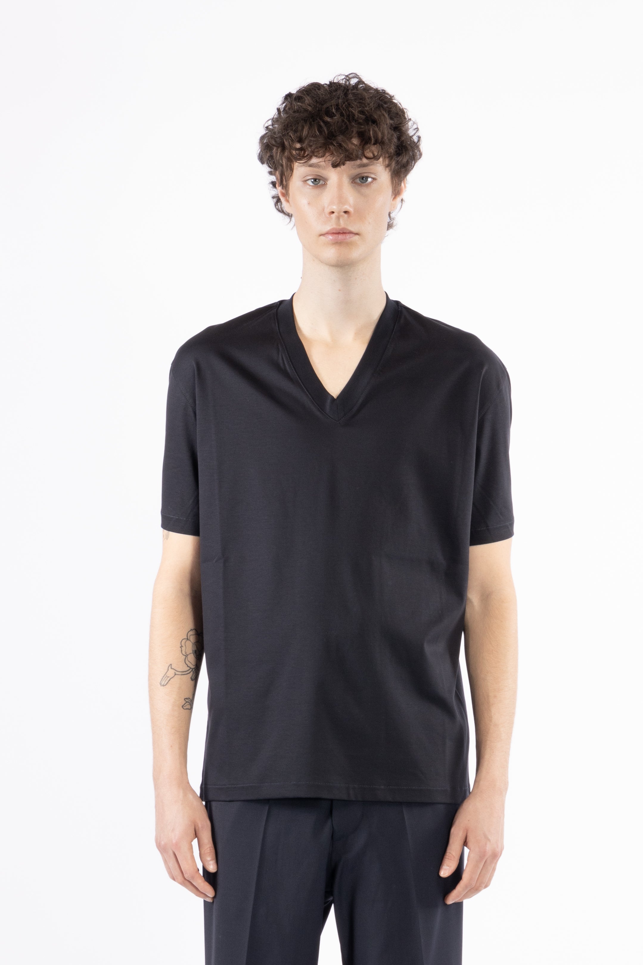 T-shirt scollo a punta cotone mercerizzato - Blu