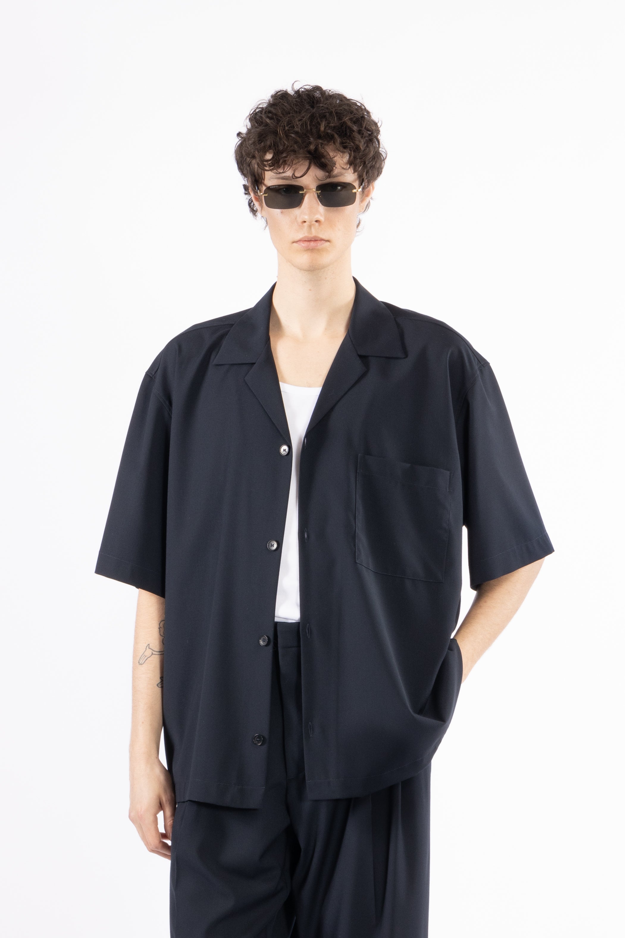 Camicia morbida collo aperto - Blu